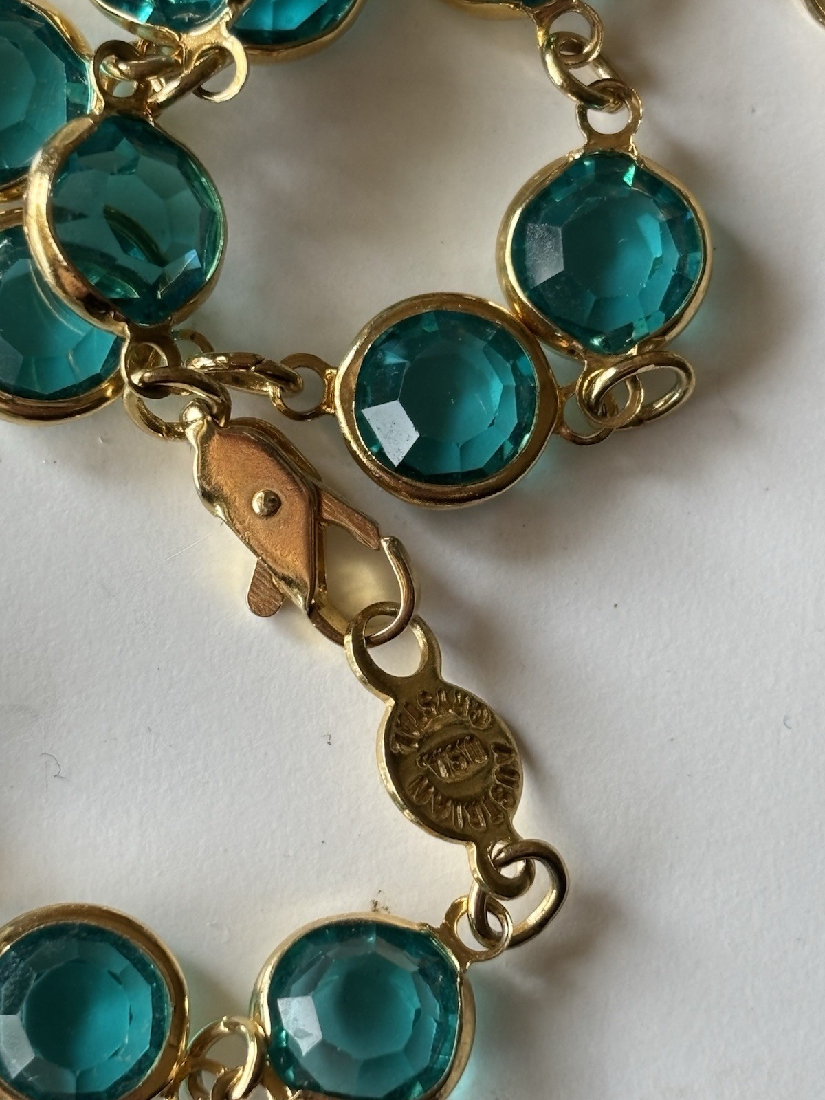 Austrian Crystals Necklace Aqua Blue Round Faceted Bezel Set Gold Tone 34 in USA
