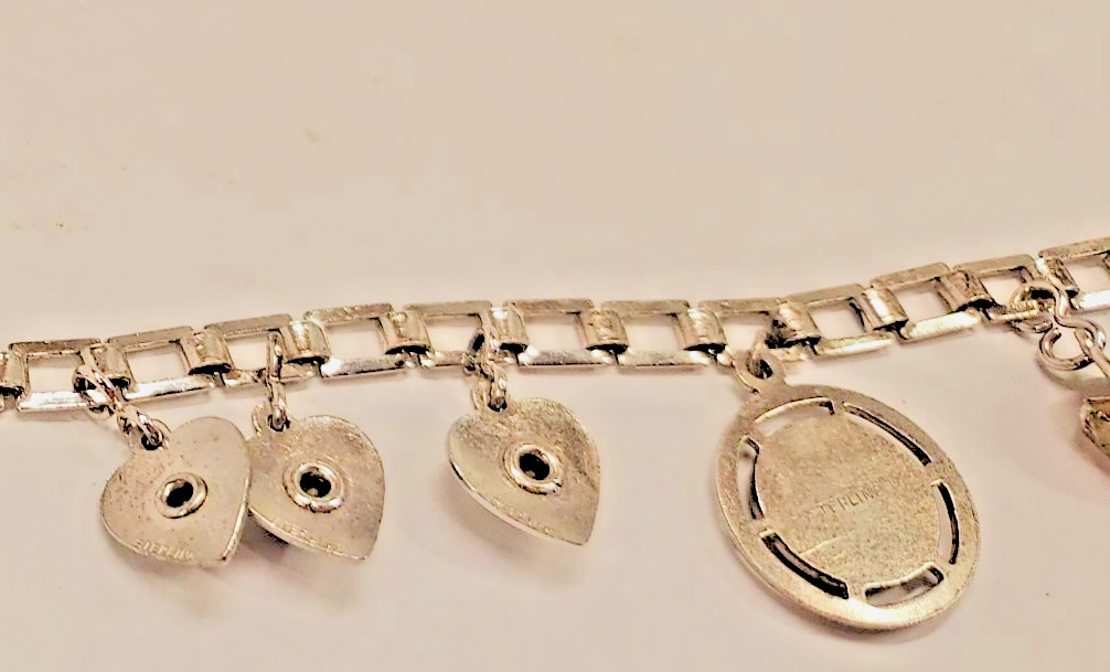 Vtg Sterling Silver Shamrock Bracelet w/Gem Heart Charms Double Flower Box Lock