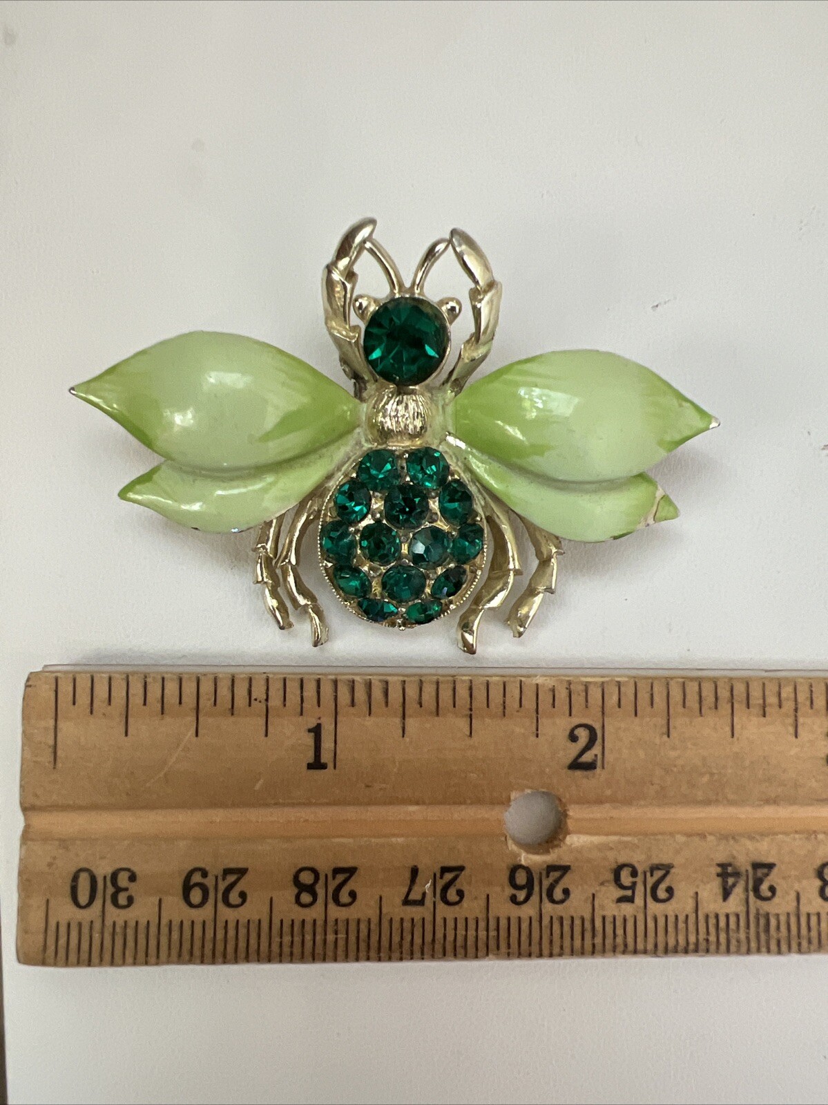 Vintage Emerald Green Rhinestone Lime Green Enamel Flying Insect Bug Brooch
