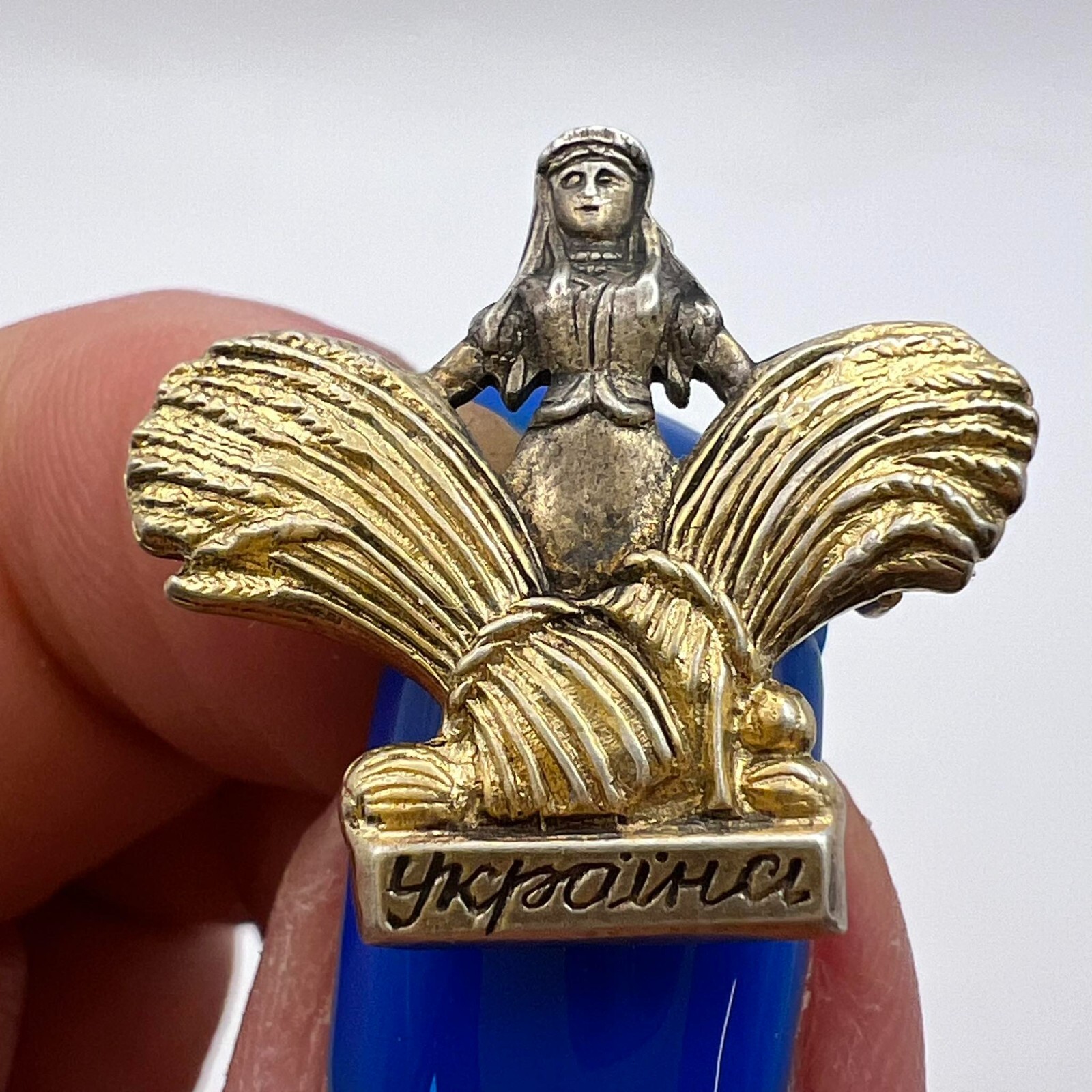 Vintage Badge Sheaves Wheat Brooch Gilt Silver 875 Pin Ukrainian USSR Jewelry