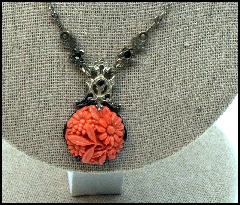 Vintage Art Deco Sterling Silver Marcasite & Molded Coral Glass Flower Pendant