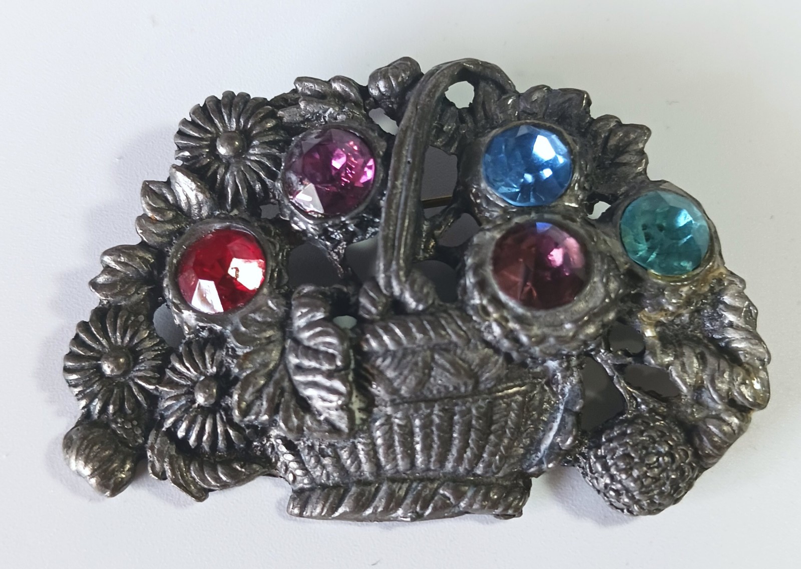 Vintage Dark Silver Flower Basket Brooch w Large Red, Purple, Blue Glass? Stones