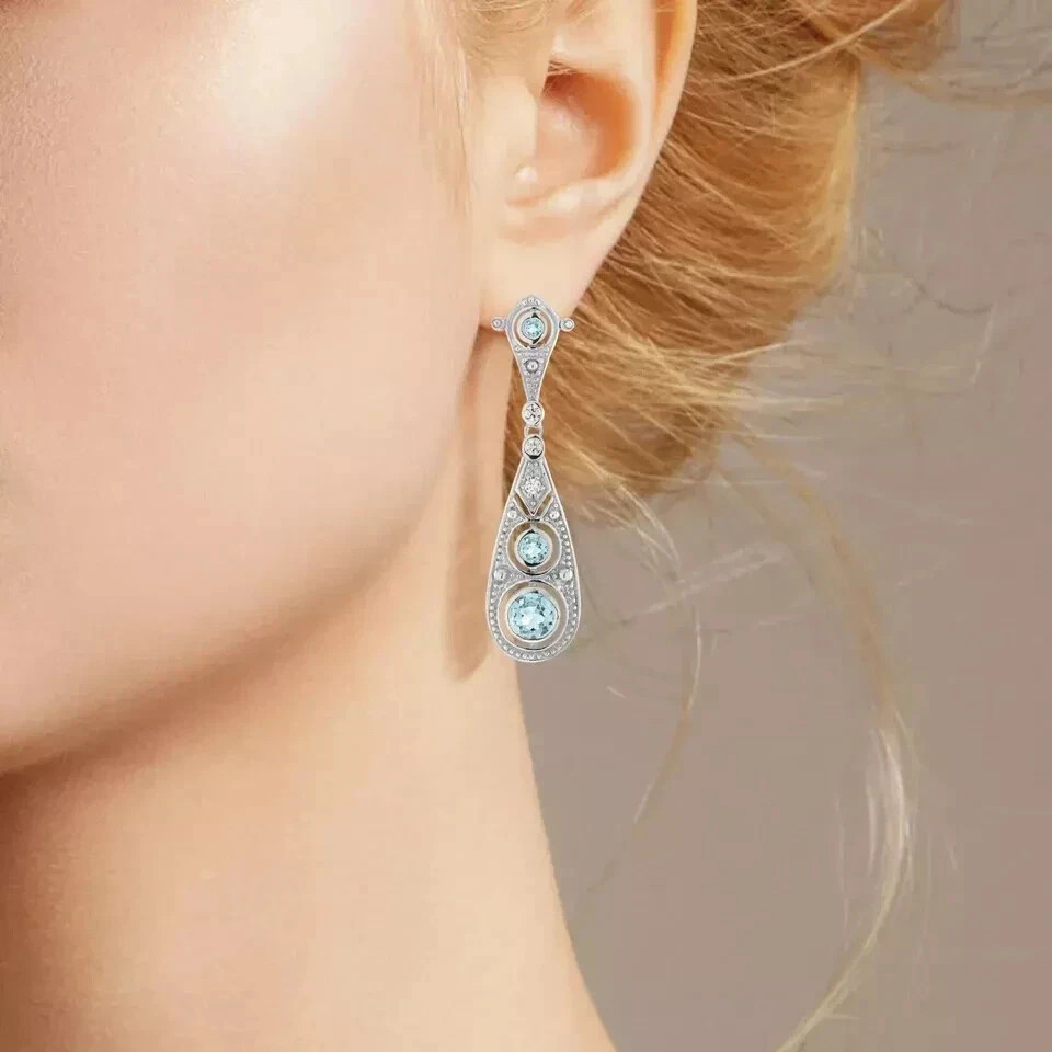 Art Deco Style Aquamarine & Lab Created Diamond14K White Gold FN Wedding Earring