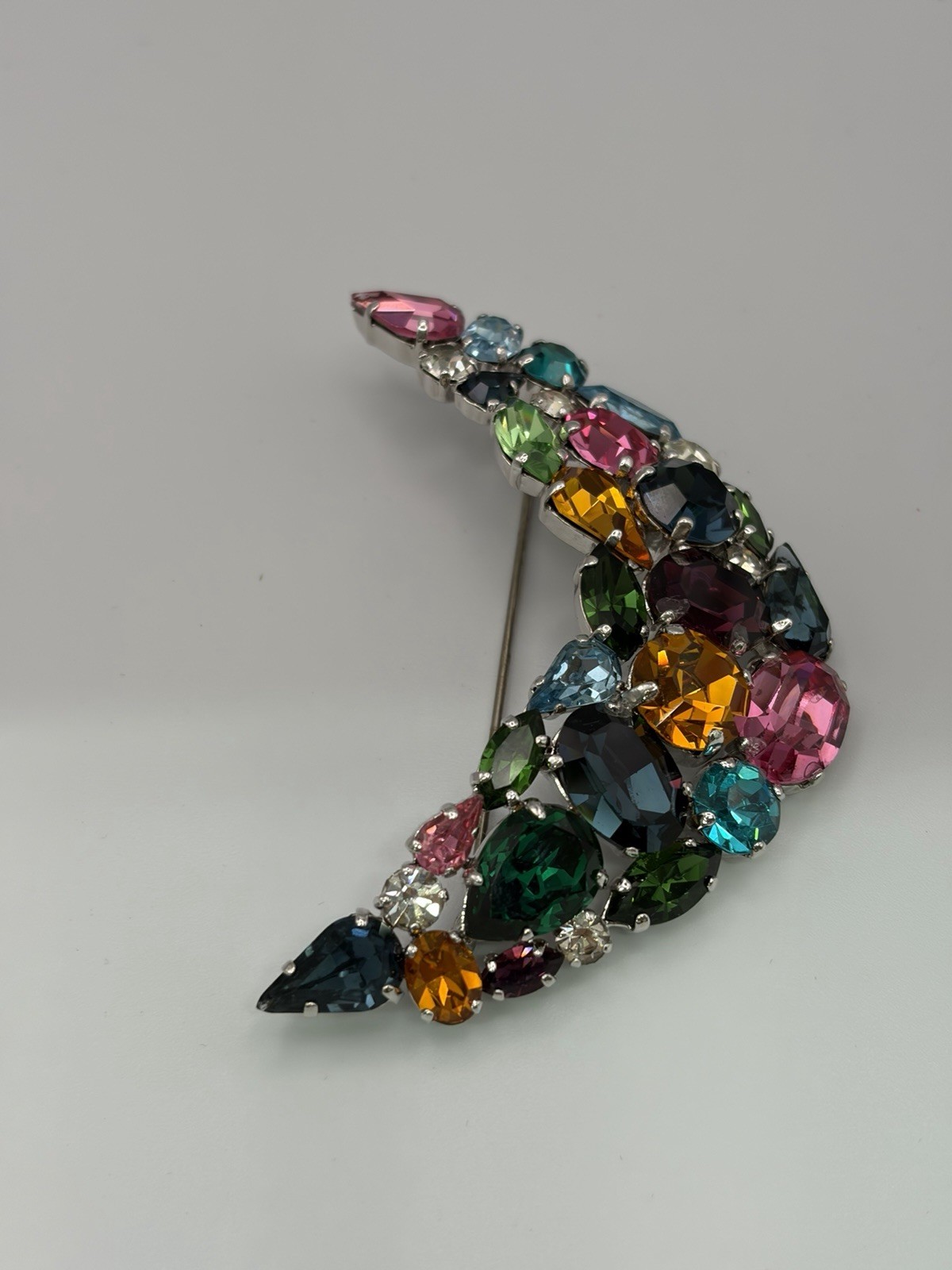 Lg Vintage Austrian Crystal 70s Brooch Brilliant Sparkling Multicolour & Shapes