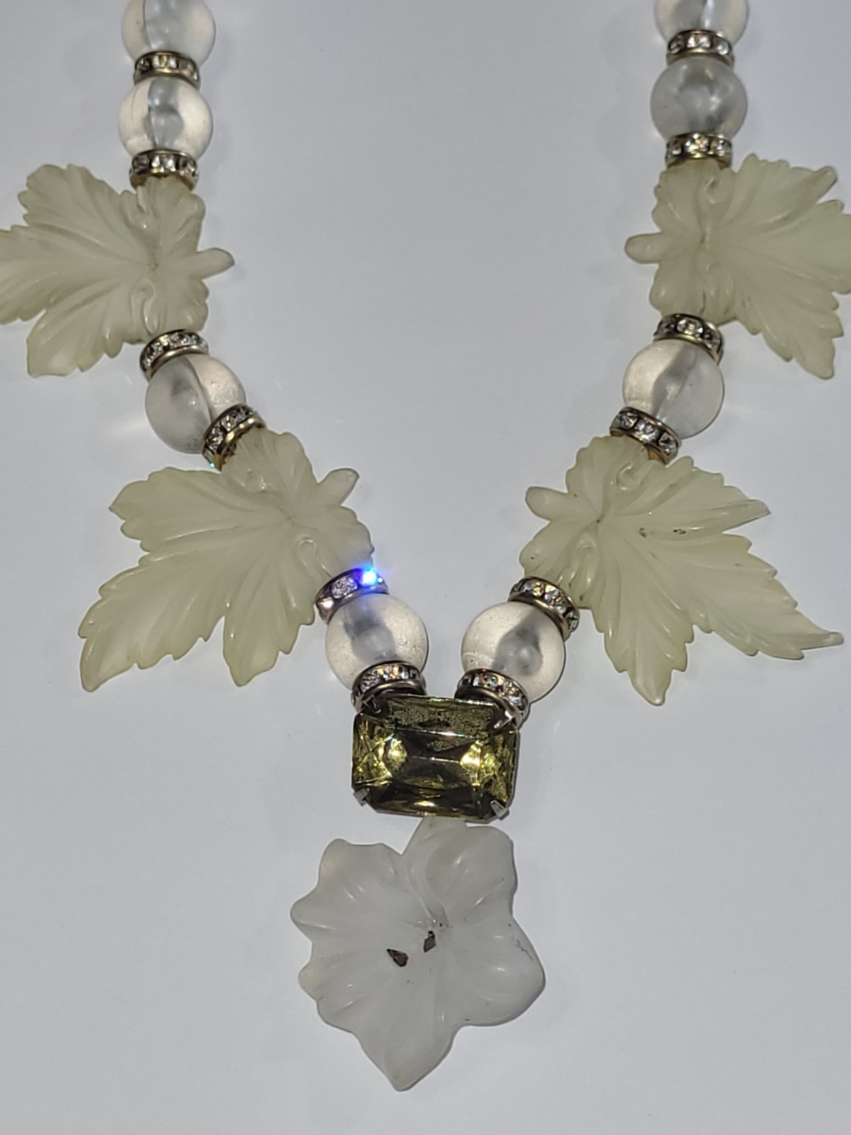 Vintage Carved Lucite Maple Leaf Necklace Clear Crystal Beaded Statement Jewelry