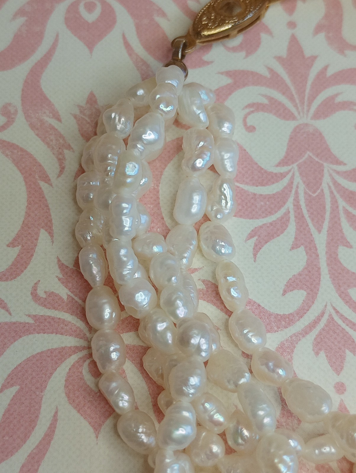 Vtg Freshwater Baroque Rice Pearl Bracelet Gold Tone Fish Hook Clasp 6 Strand