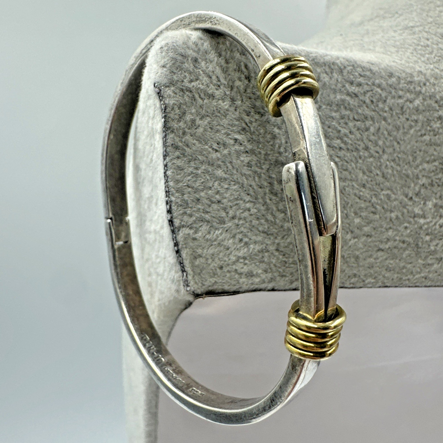 Vtg Taxco Sterling Silver Brass Accent Abstract Modernist Bangle Bracelet 24.3g