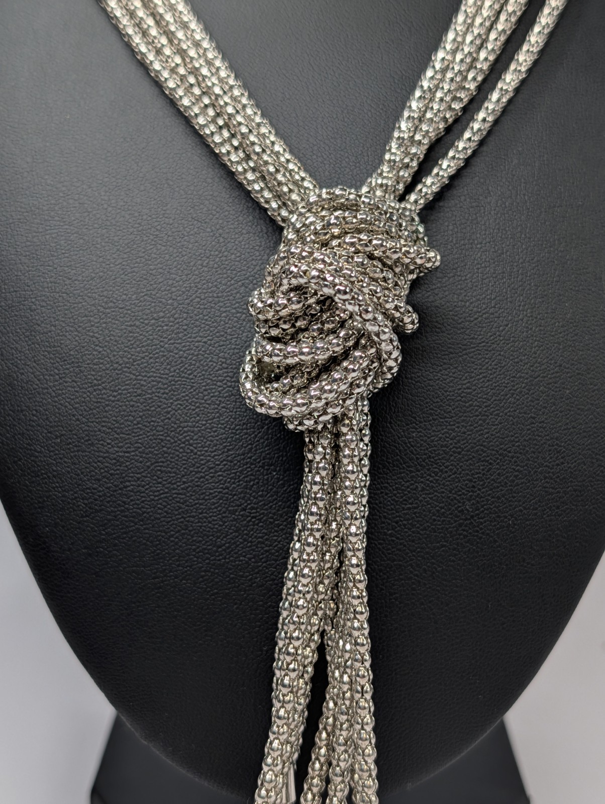 Silver Tone Multi Strand Popcorn Chain Knotted Lariat Tassel Ball Fringe Vtg