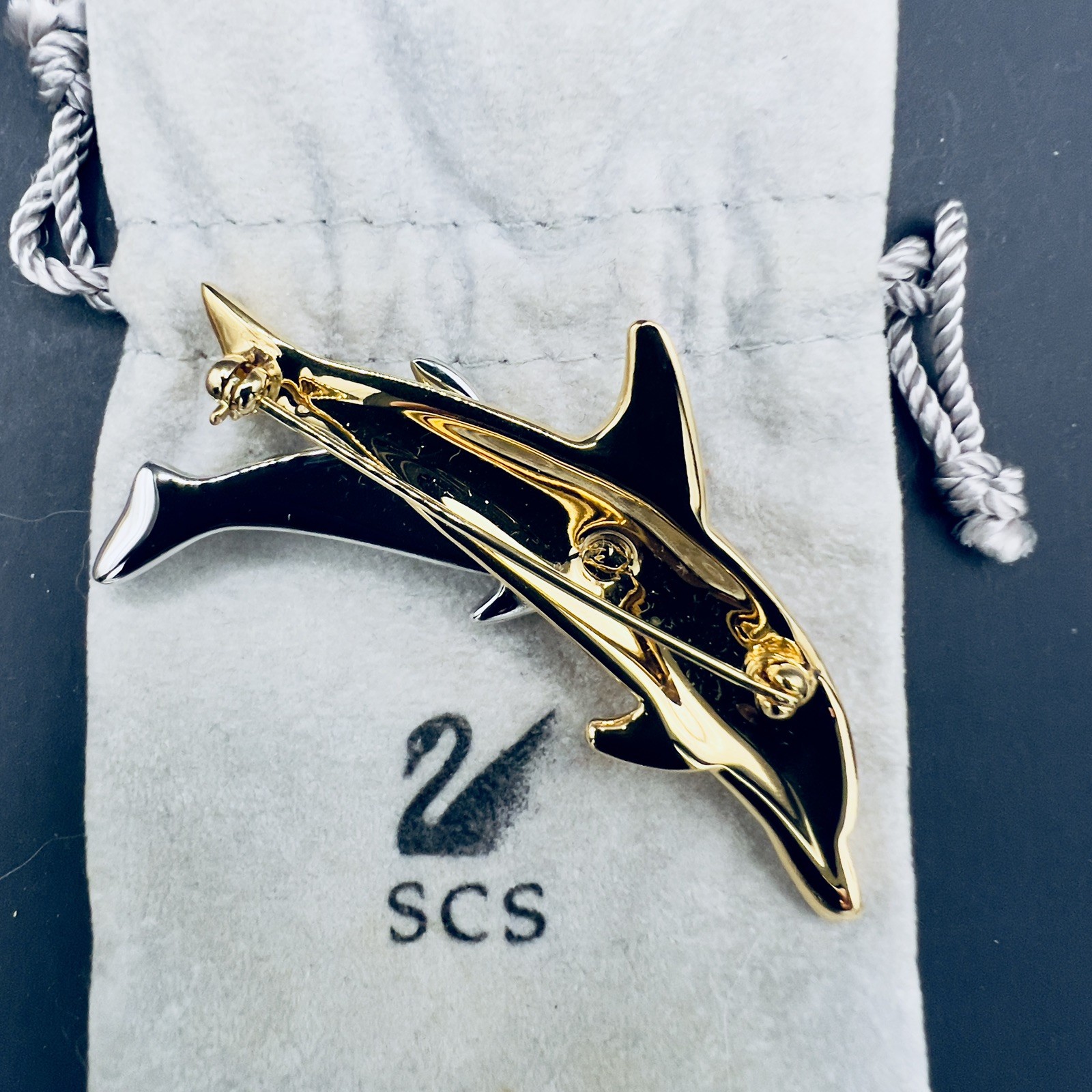 Vintage Swarovski Rhinestone Brooch Pin Dolphins Swan logo Preowned