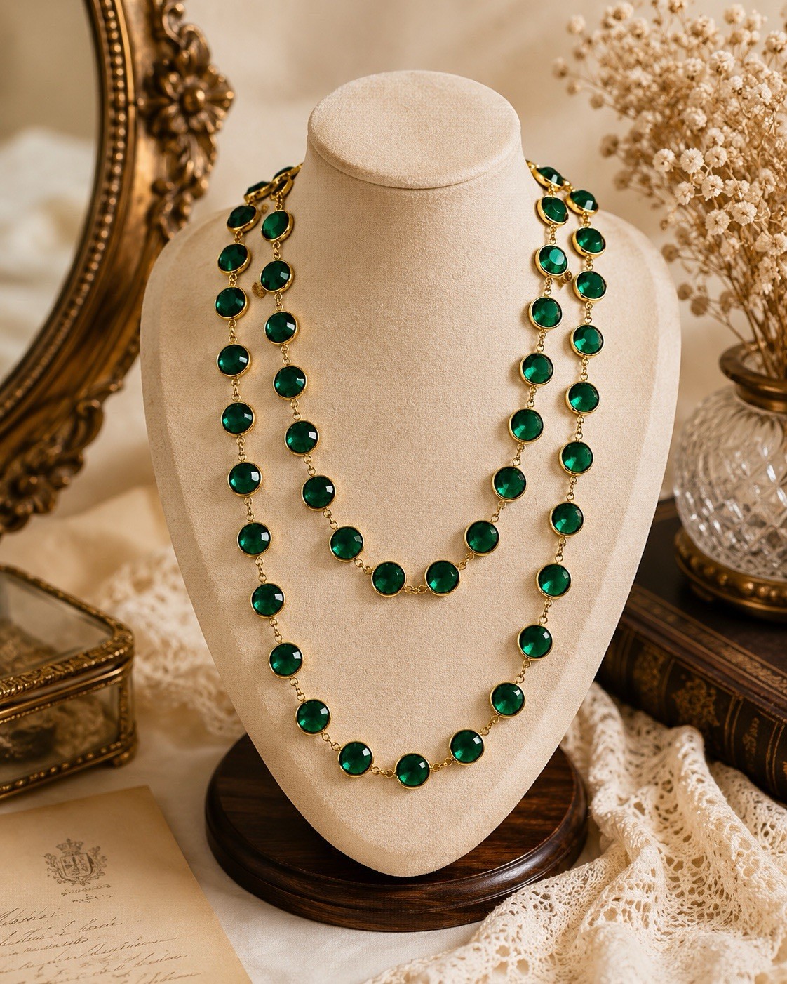 Long Gold Tone Emerald Green Crystal Station Necklace Faceted Bezel Set 36”