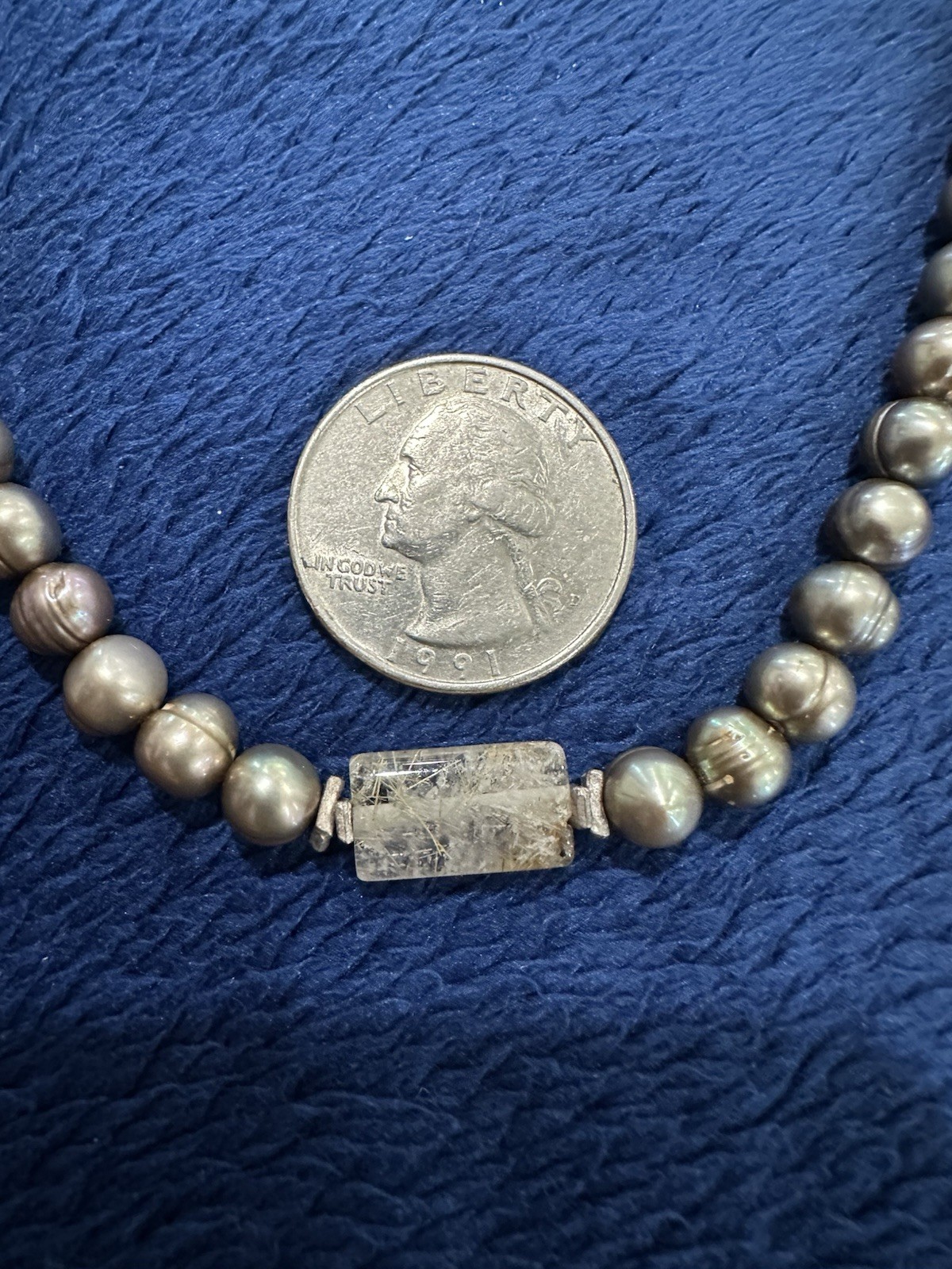 Vtg Sterling Silver Grey Pearl Strand Crystal Quartz Necklace, 16.5in Long