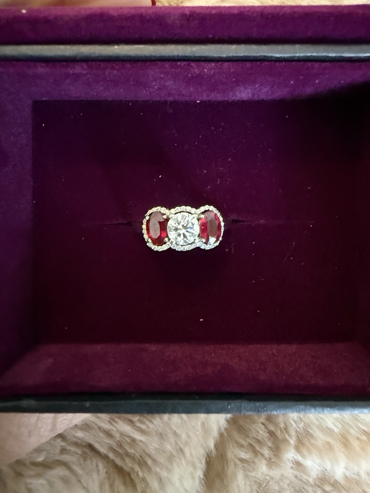 Natural Ruby & Diamond Three-Stone Ring | 14K White Gold | Halo Setting