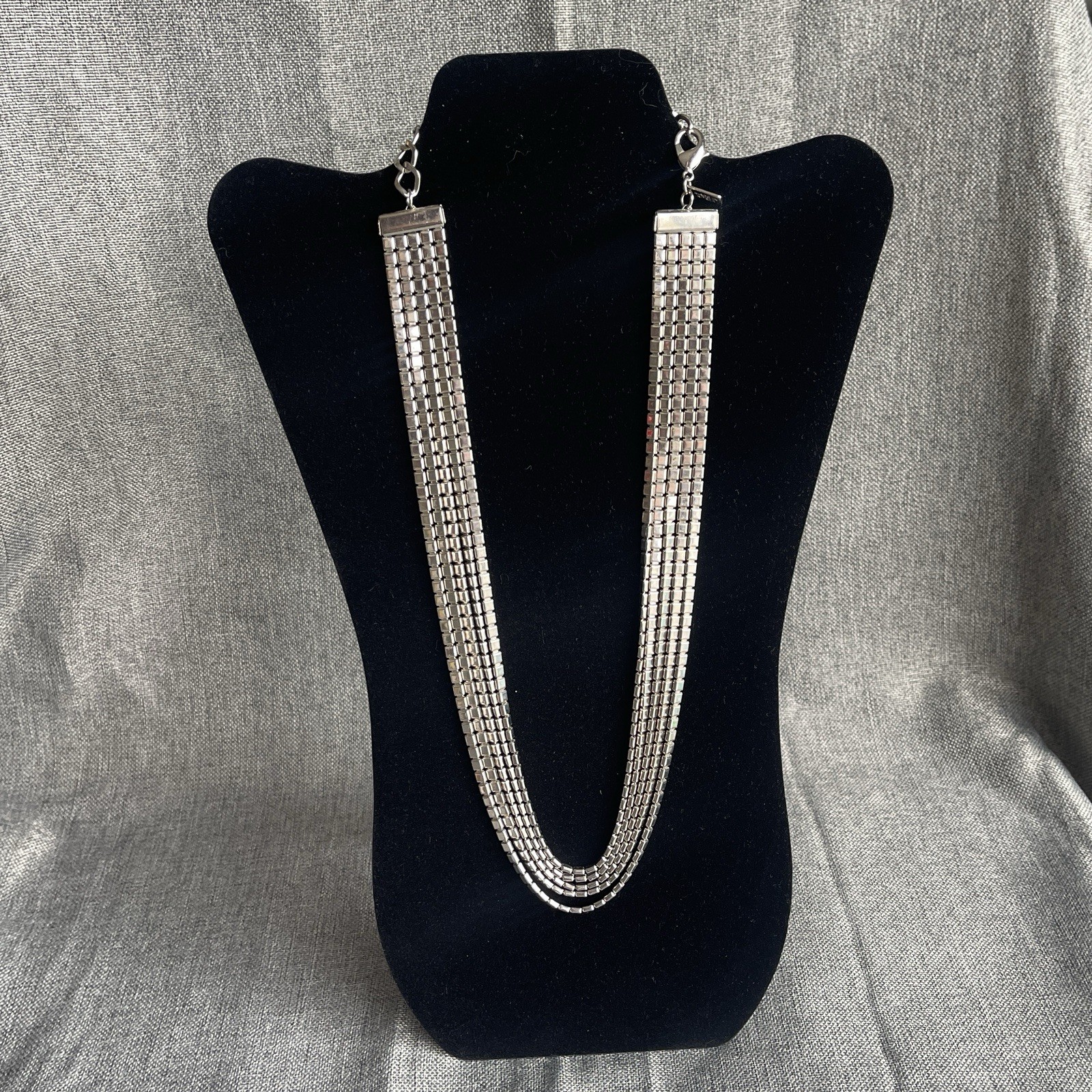 Vintage Silver Tone Metal Drape 5 Strand Necklace MCM Claw Clasp 25” Adjustable