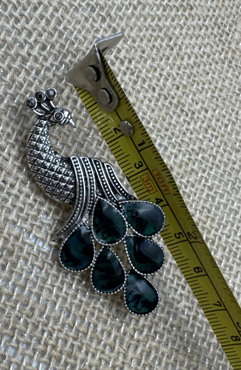 Green Enamel And Silver Tone Peacock Brooch