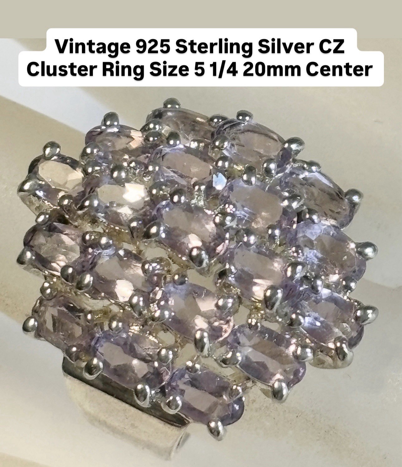 Vintage 925 Sterling Silver CZ Cluster Ring Size 5 1/4 20mm Center