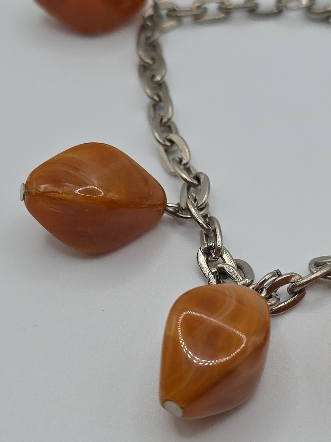 Vintage Marbled Orange Acrylic Charm Bracelet Chunky Retro Dangle Drop Charms