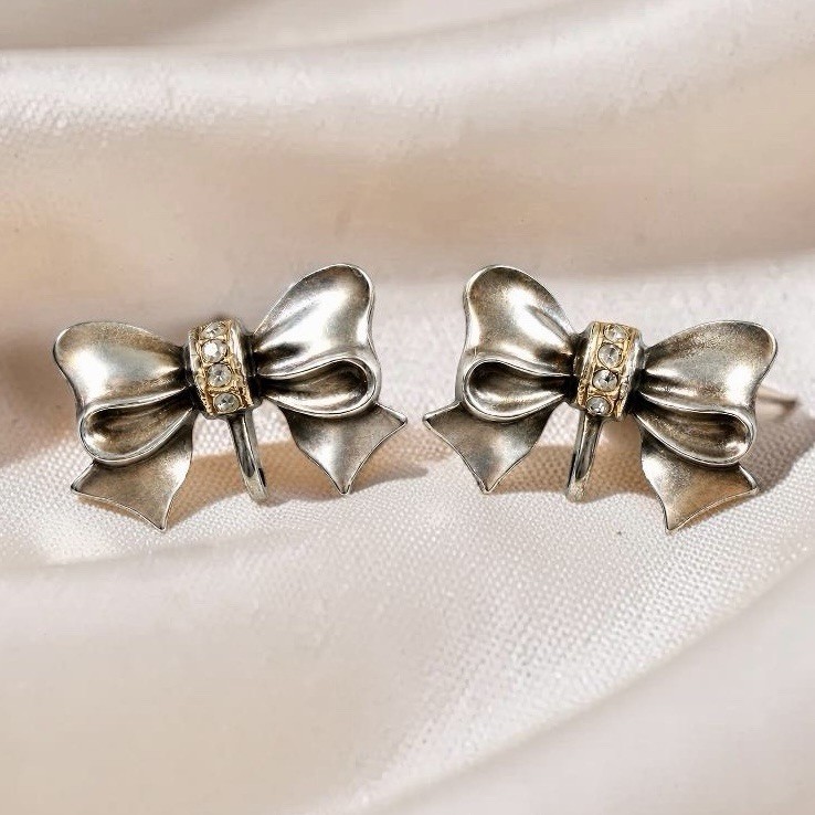 Vintage Sterling Silver Bow Ribbon Screw Back Earrings Rhinestone Accent 6.94g