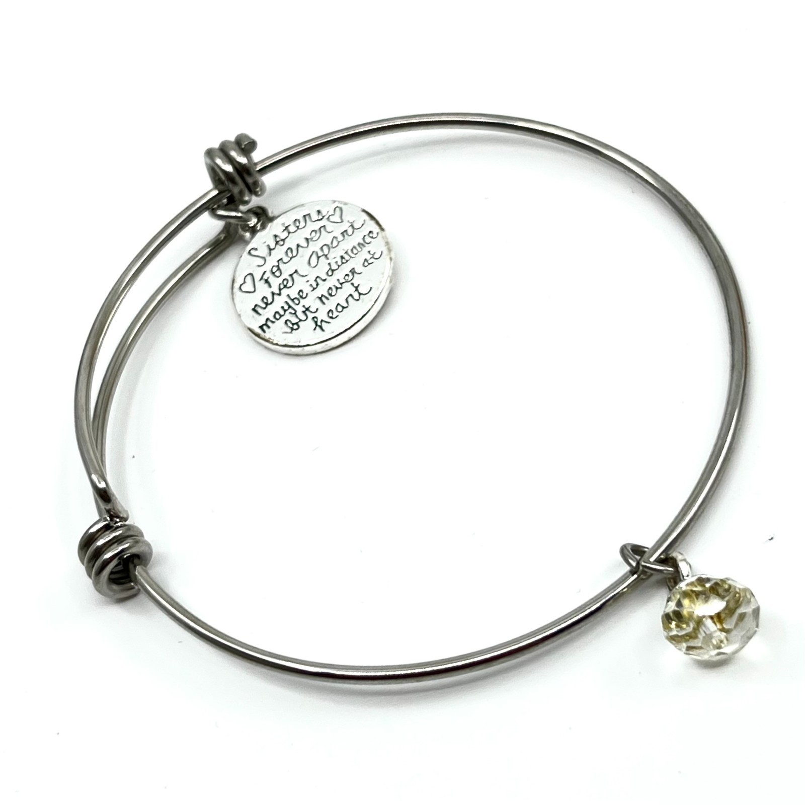 VTG Inspirational Sisters Forever Bangle Bracelet Silver Tone Crystal Charm Y2K