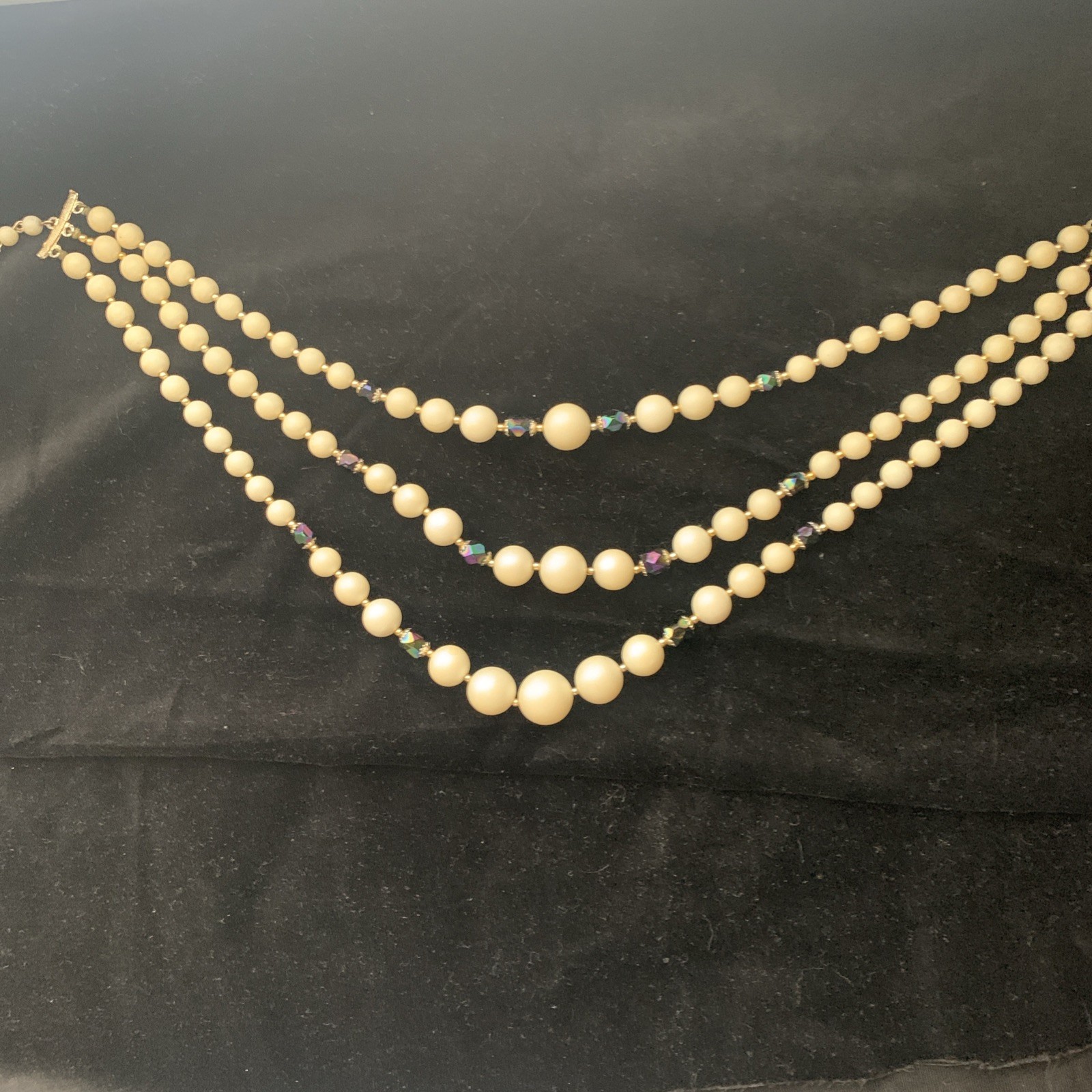 MCM Costume Graduated Three Strand Necklace Ivory Gold and Black Aurora Beads