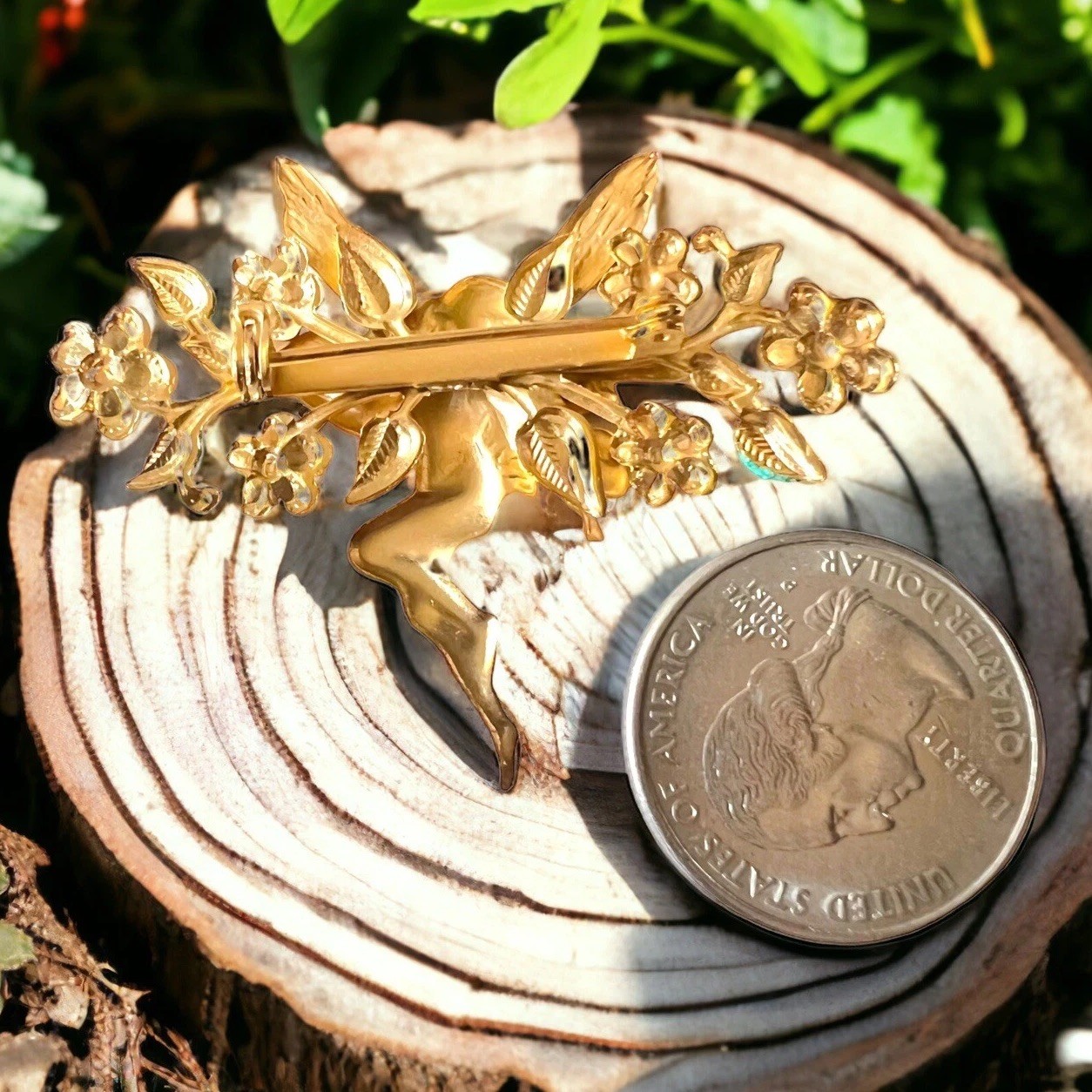 Fairy Brooch Gold Tone Pixie Pin Sparkling Flowers Vintage Whimsical