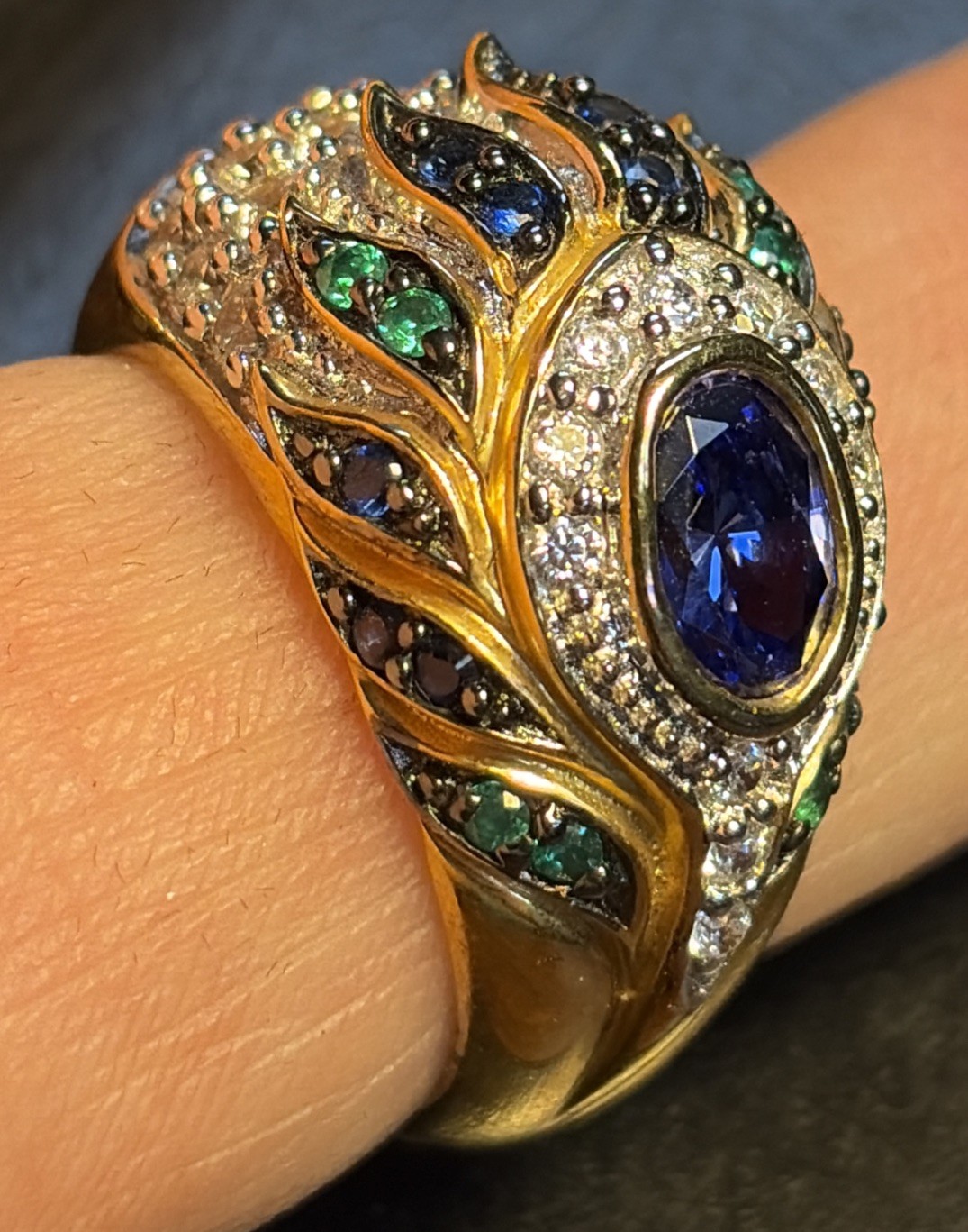 Size 6.75 Victoria Wieck Peacock Feather Pattern Ring Gold 925 Sterling Silver