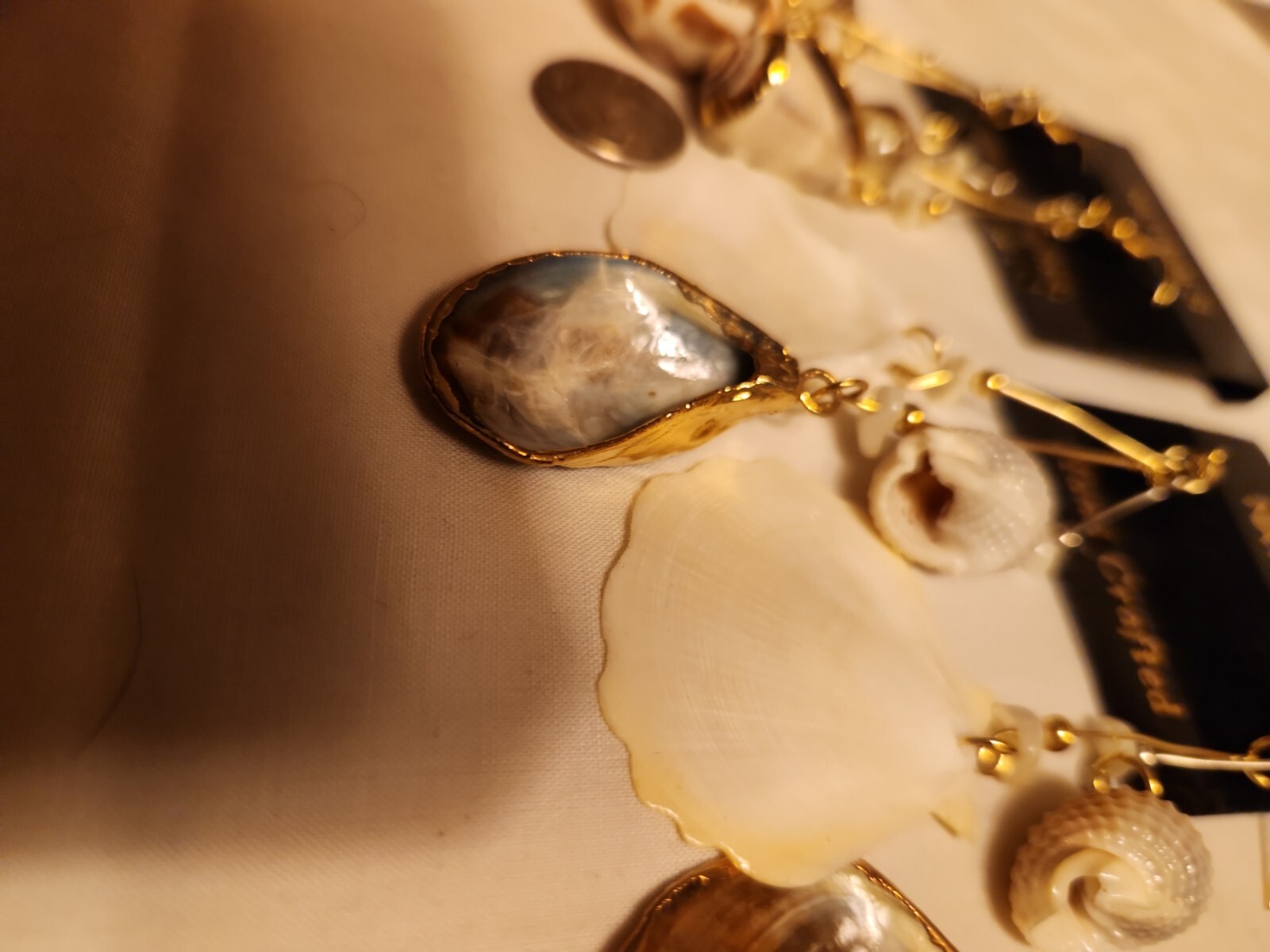 Vtg Sea shell gold trim foil natural estate Dangle Earrings 4″ Jewelry Lot of 2