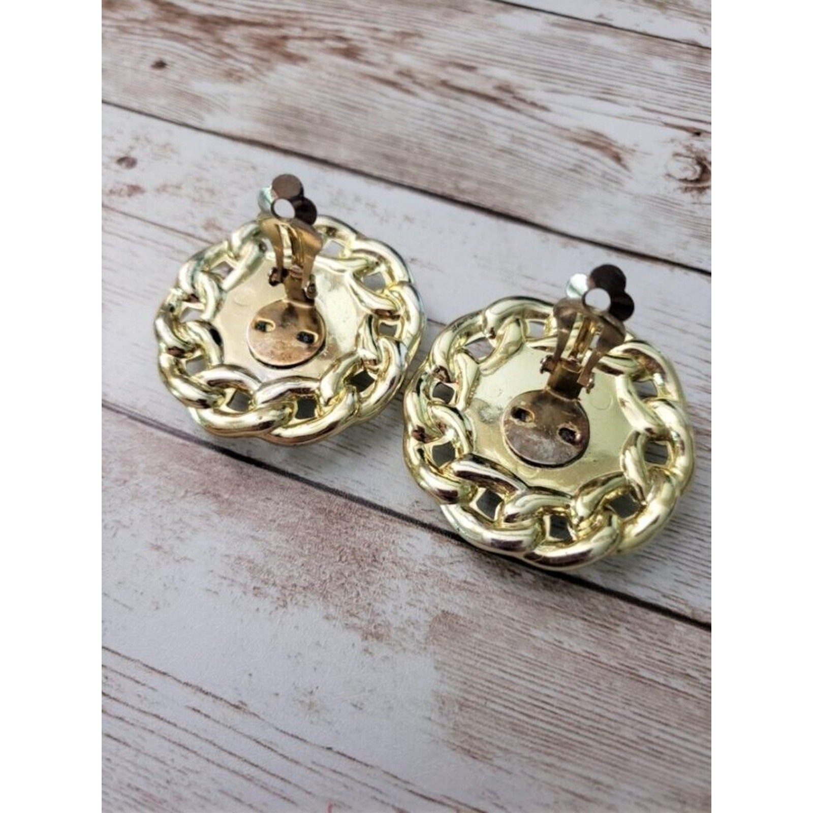 Vintage Clip On Earrings – Gold Tone with Brown Center Large 1 & 5/8″
