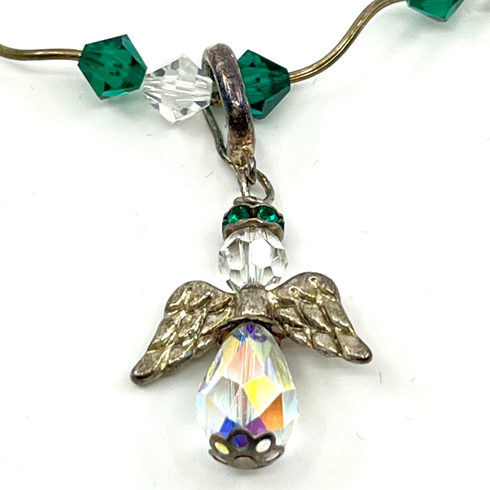 Vintage Classic Green & Iridescent Crystal Angel Pendant Necklace Toggle Clasp