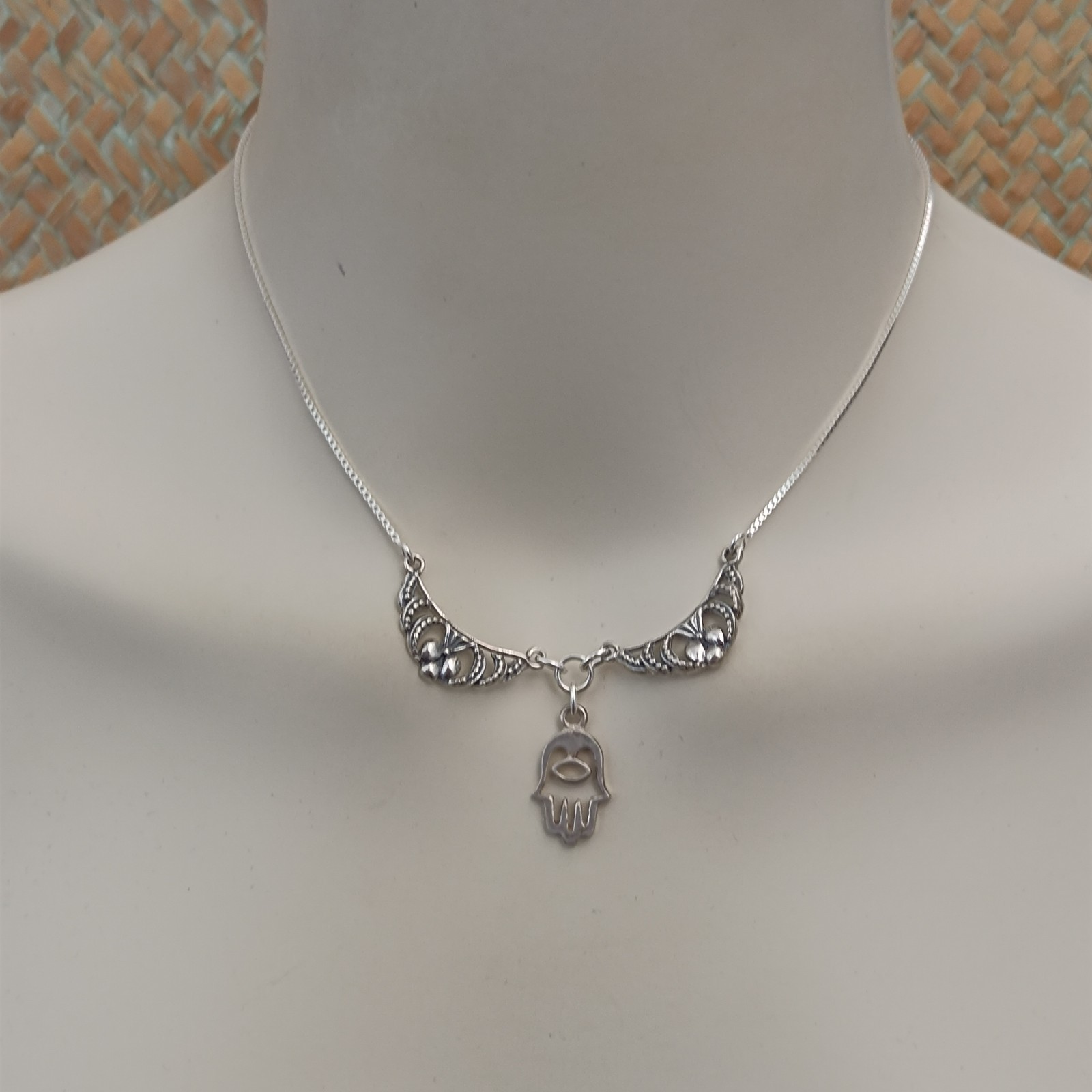 Sterling Silver Hamsa Necklace Hand of Fatima Vintage Ethnic Bib Spiritual Gift