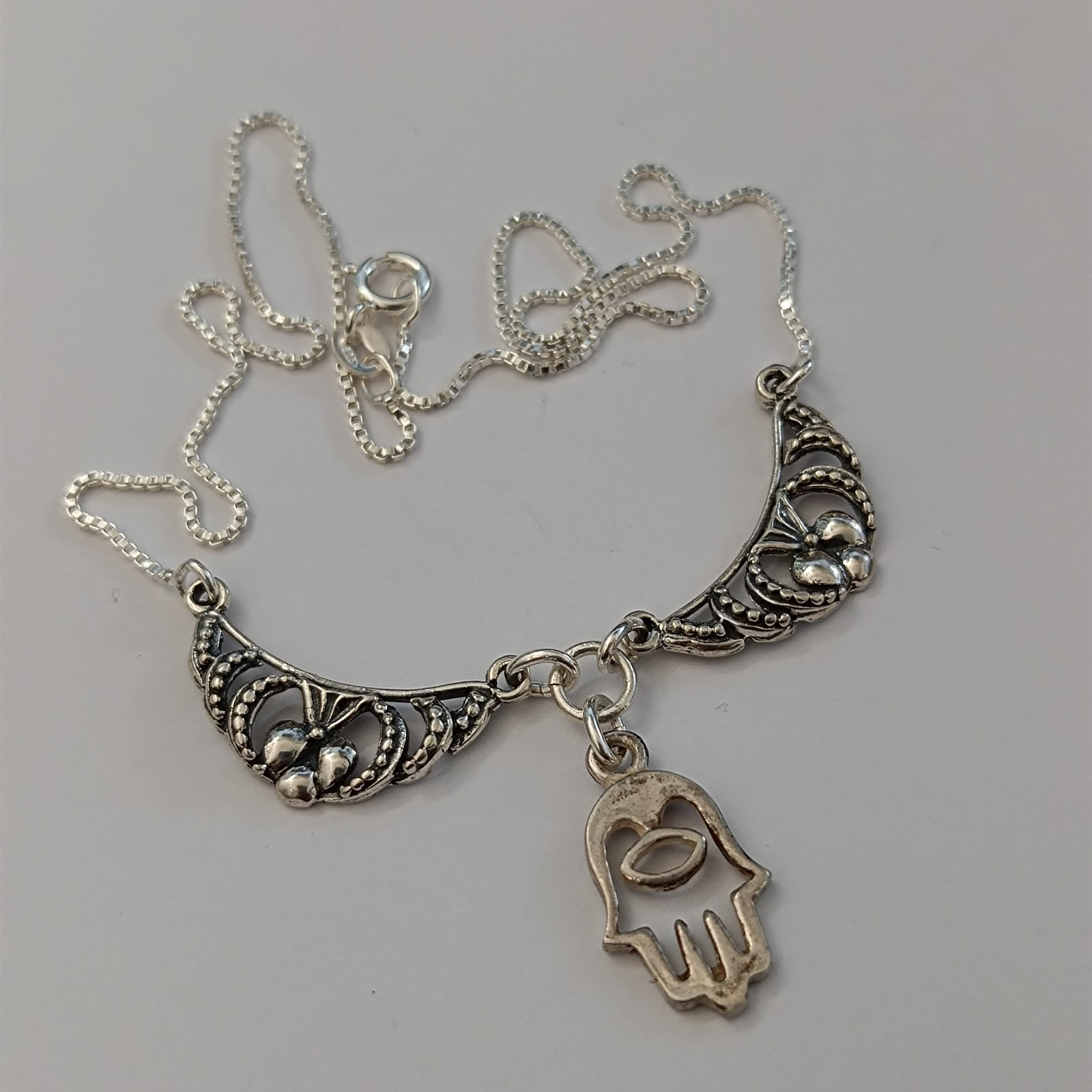 Sterling Silver Hamsa Necklace Hand of Fatima Vintage Ethnic Bib Spiritual Gift