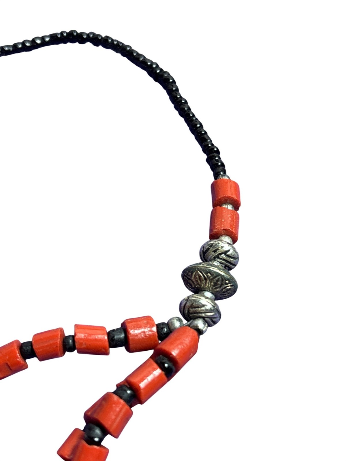 Vintage Artisan Beaded Necklace 2 Strands Red Black Silvertone Hook Clasp 21 in
