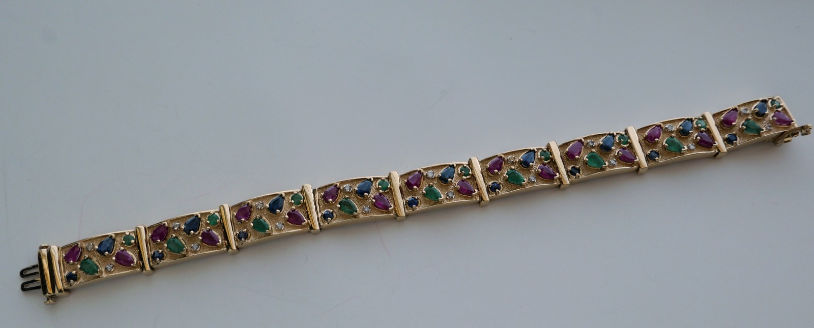 Vintage 14K Yellow Gold Ruby Emerald Sapphire Diamond Link Bracelet 7.25”