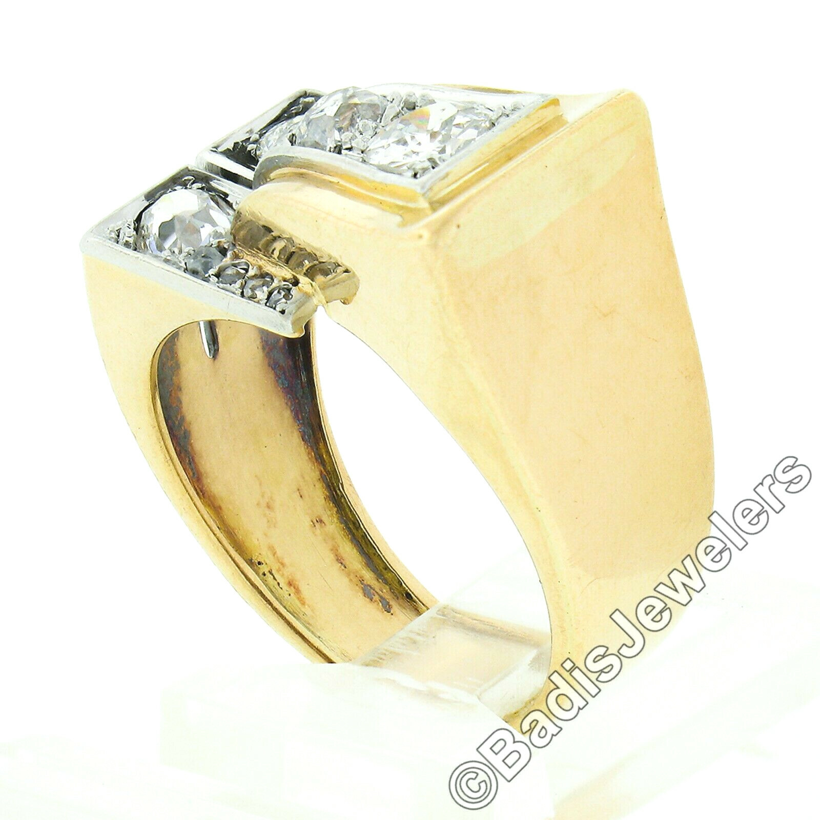 Unisex Antique Victorian 18k Gold & Platinum 1.24ctw Old Cut Diamond Buckle Ring