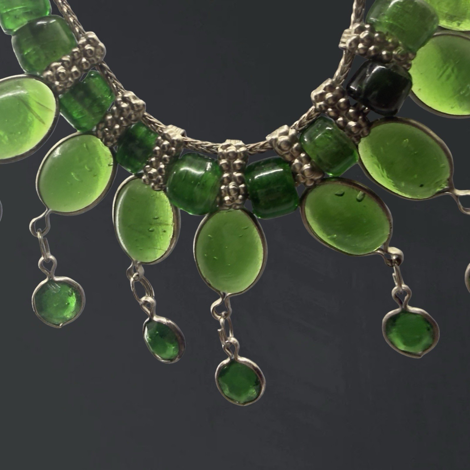 Vintage BOHO Bib Necklace GREEN GLASS Southwest Artisan Drop Dangle India Silver