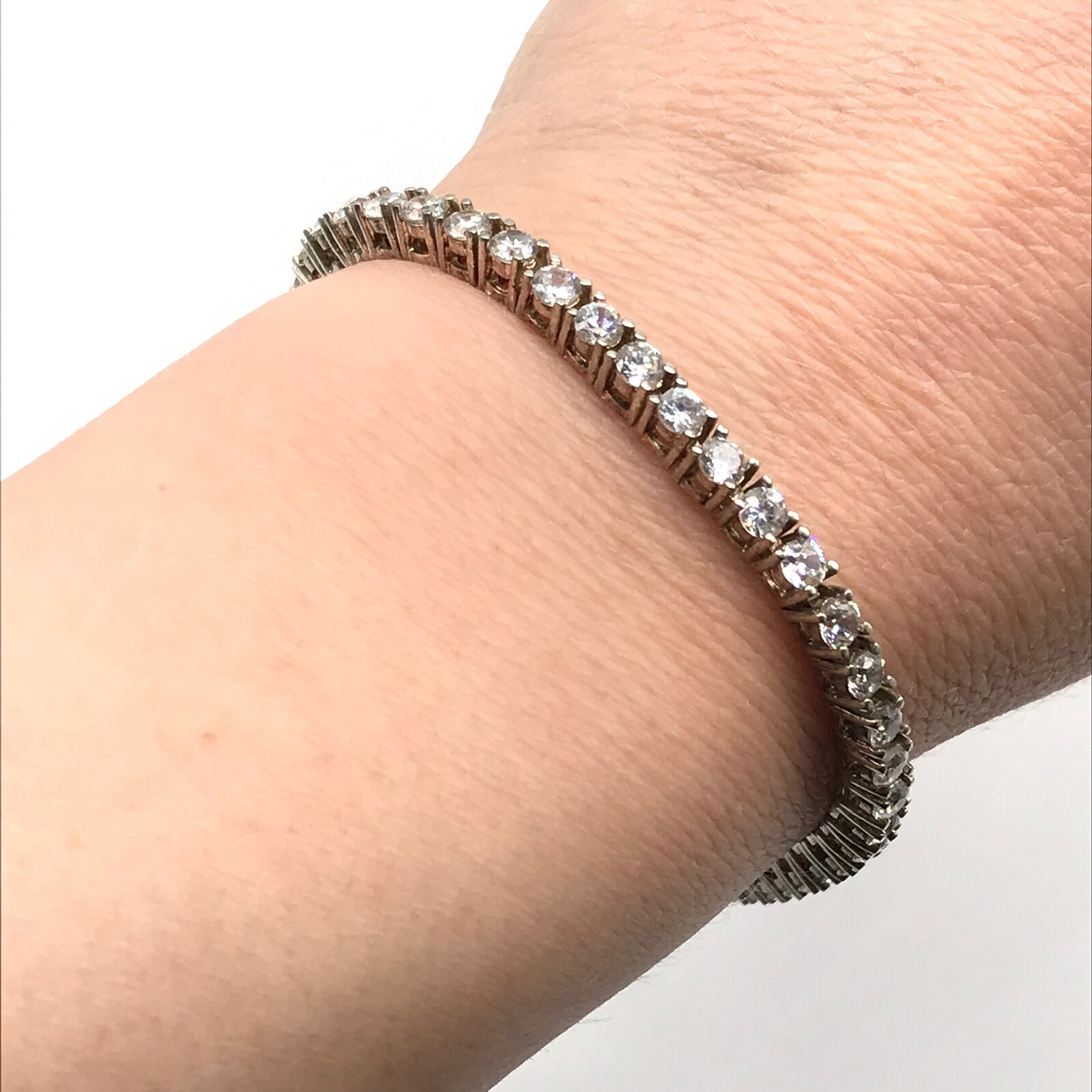 925 Sterling Silver Signed DBJ Vintage Clear CZ Tennis Bracelet 7.25″