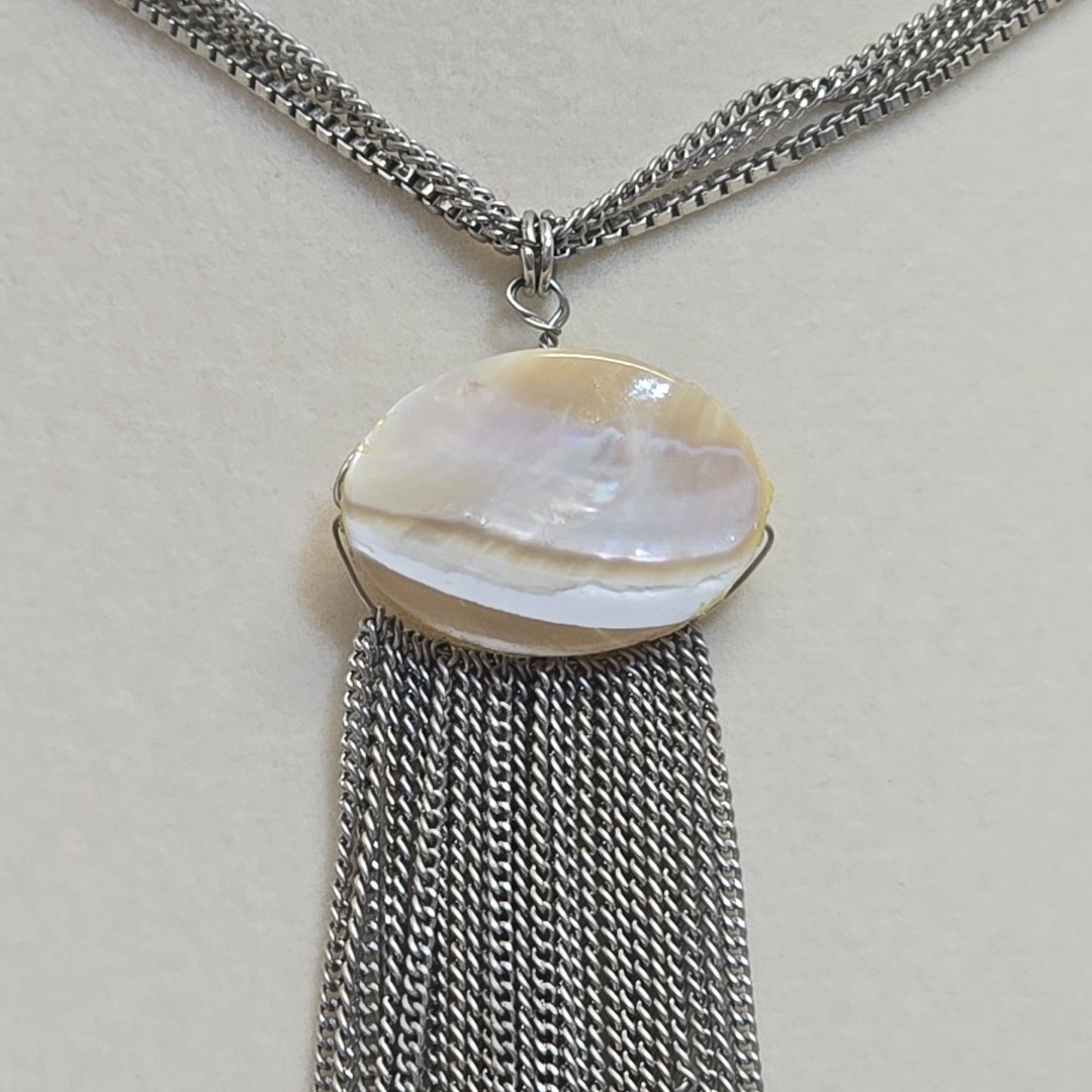Vintage Charming Charlie Shell & Silver Tone Layered Chain Fringe Necklace MOP
