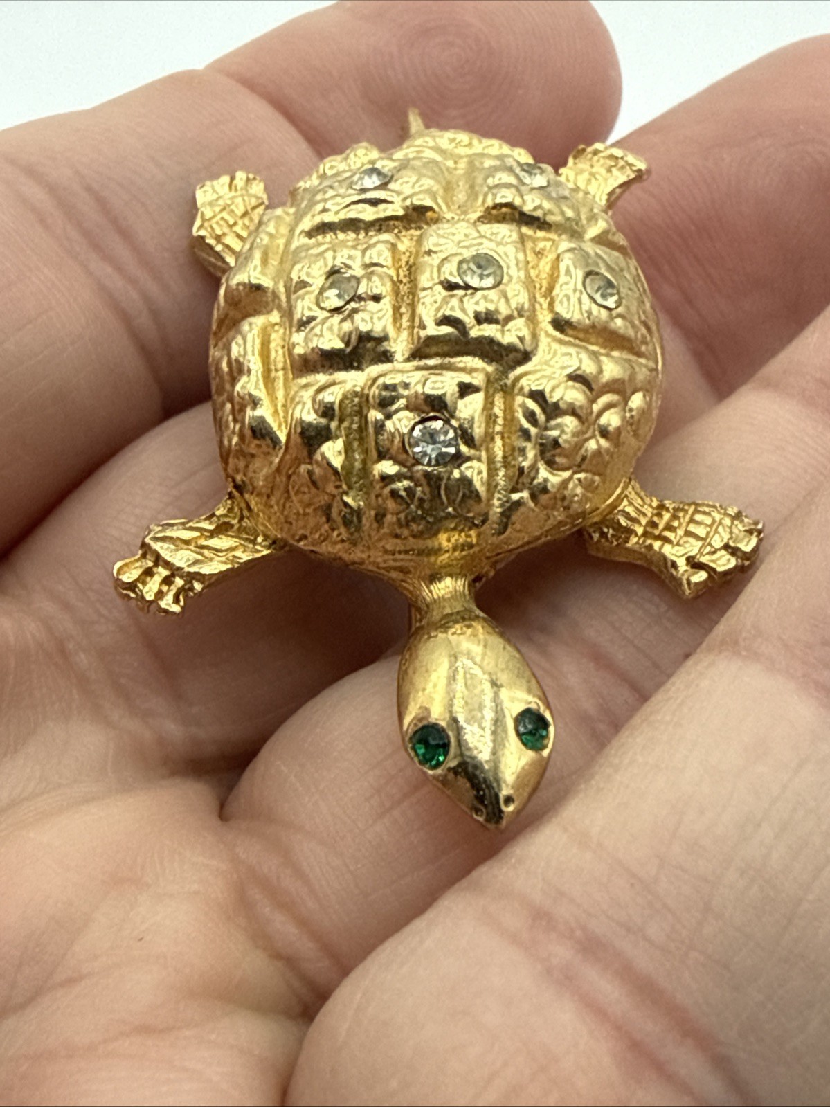 Gold Turtle Brooch/Pin With Green Eyes And Clear Stones On Shell Vintage (READ)!