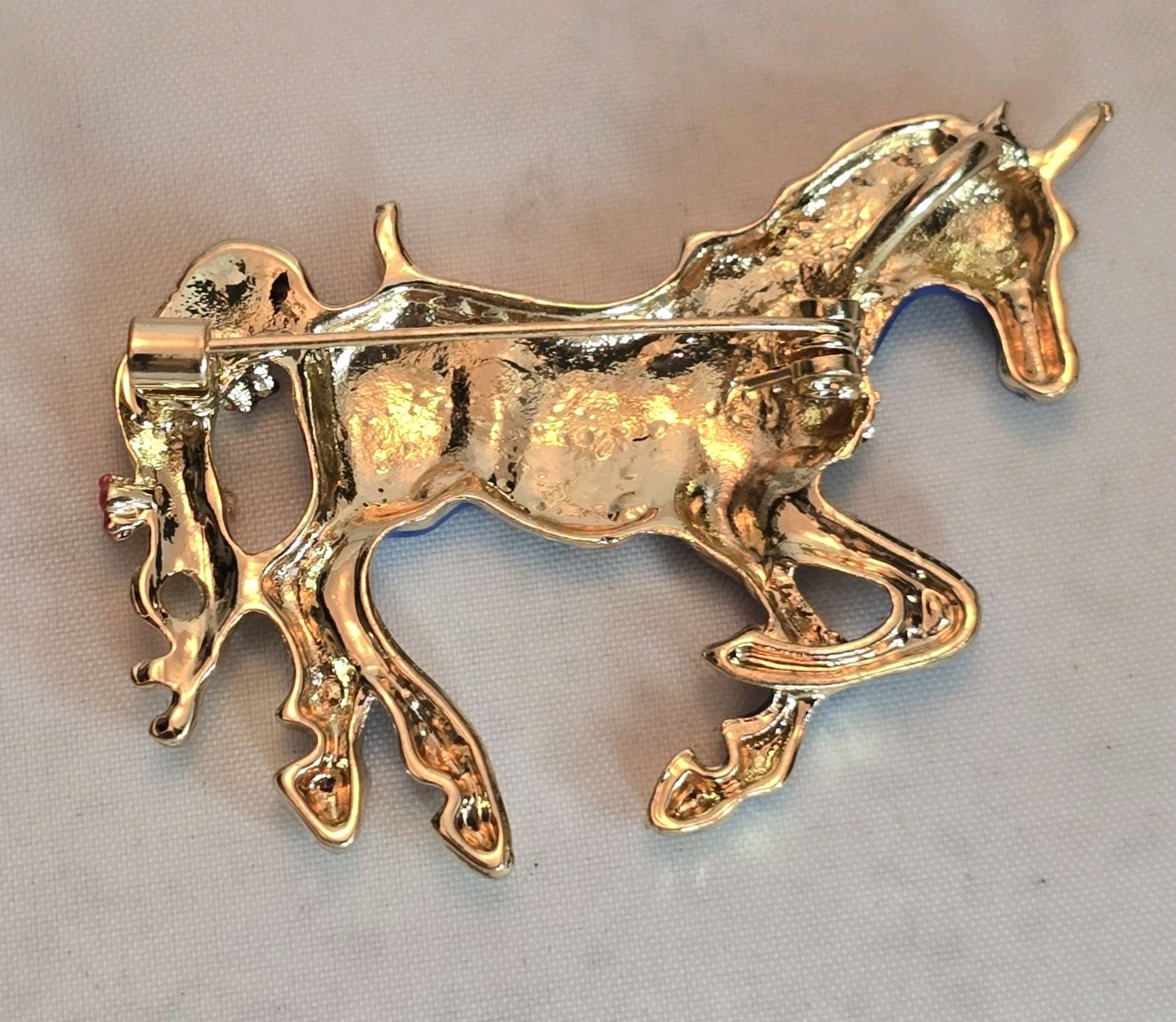 Blue Unicorn Brooch Enamel Gold Tone Rhinestone Tail Whimsical Fantasy Pin #935