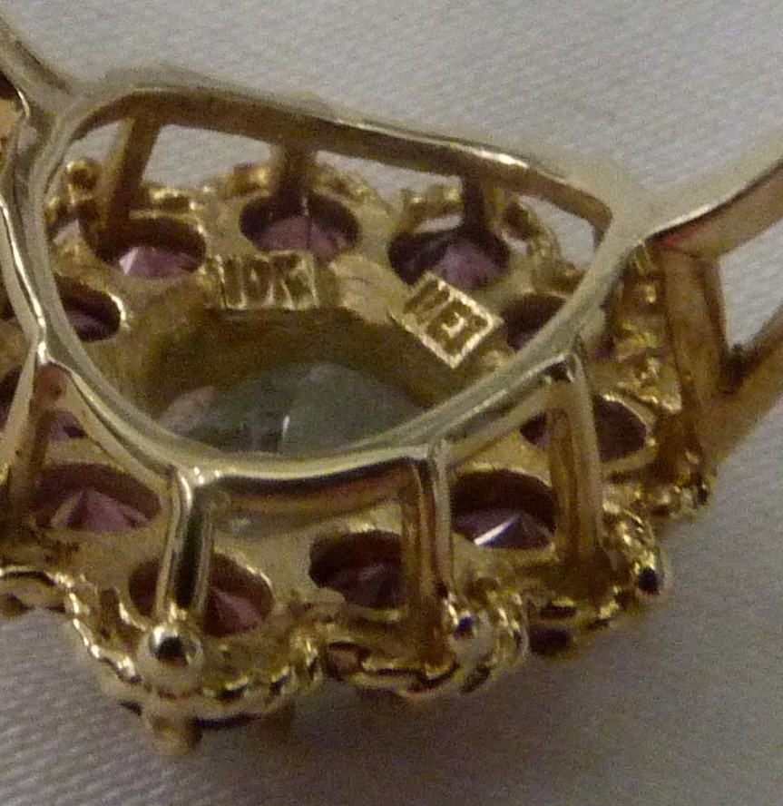DESIGNER MEI 10K YELLOW GOLD 4.3CTTW PEAR AQUAMARINE RHODOLITE GARNET RING 7.5