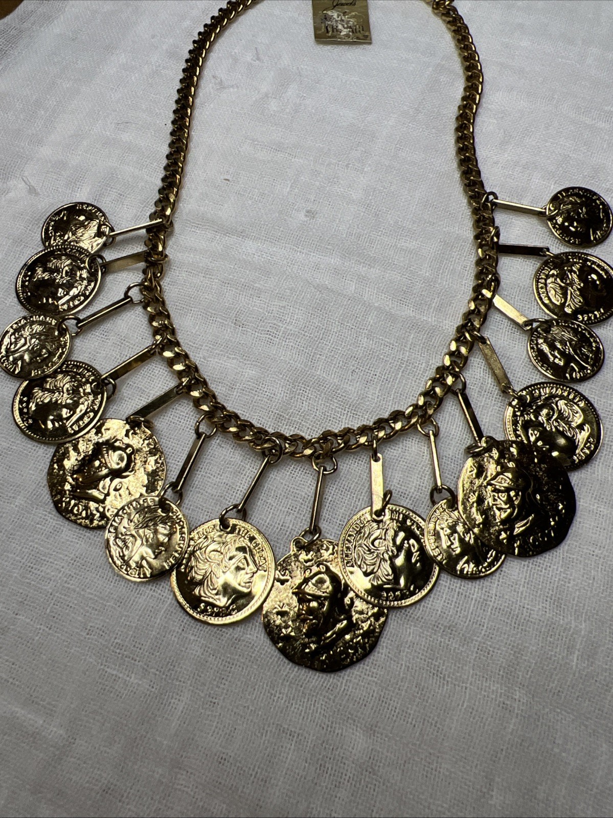 VTG NWT Crown Trifari Jewels Antique Gold Roman Coin Bib Necklace 15” 1978-85