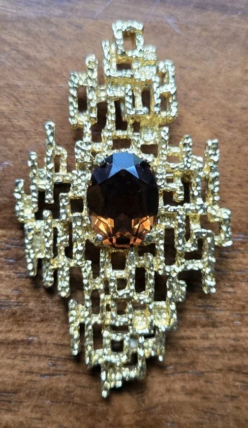 RARE PANETTA Brutalist Gold Brooch Pendant Smoky Quartz 1960s Beneditto Panetta