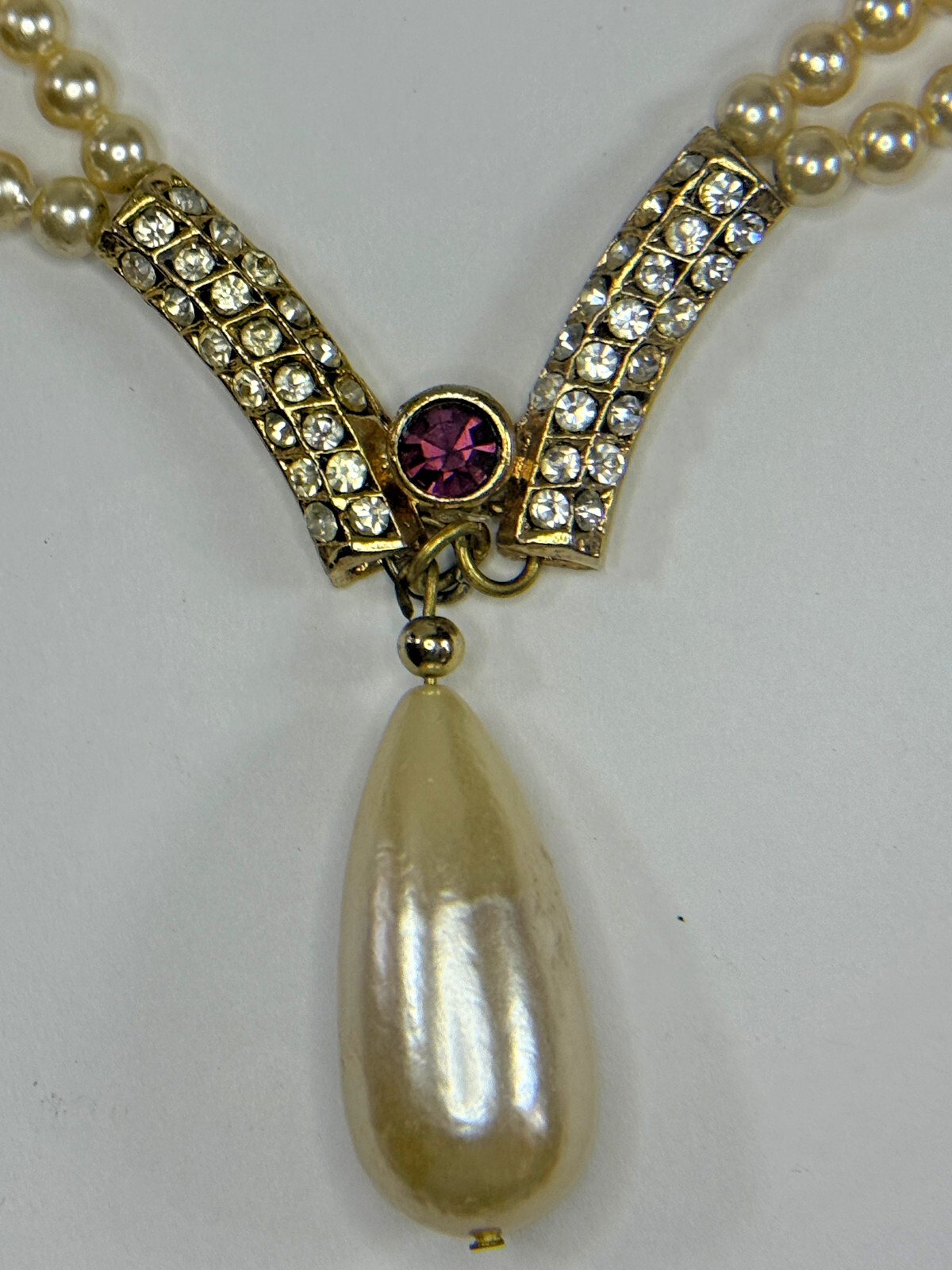 vtg 18″ Double Strand Faux Pearl Teardrop V Necklace 10kt Gold plated Wedding