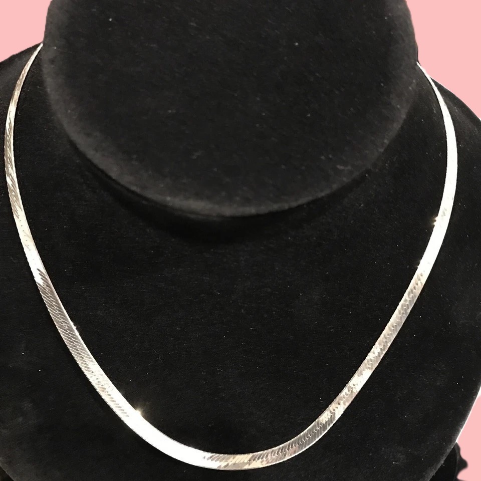 Vintage Italy 925 Sterling Silver Long Herringbone Chain Necklace 20″ X 1/4″