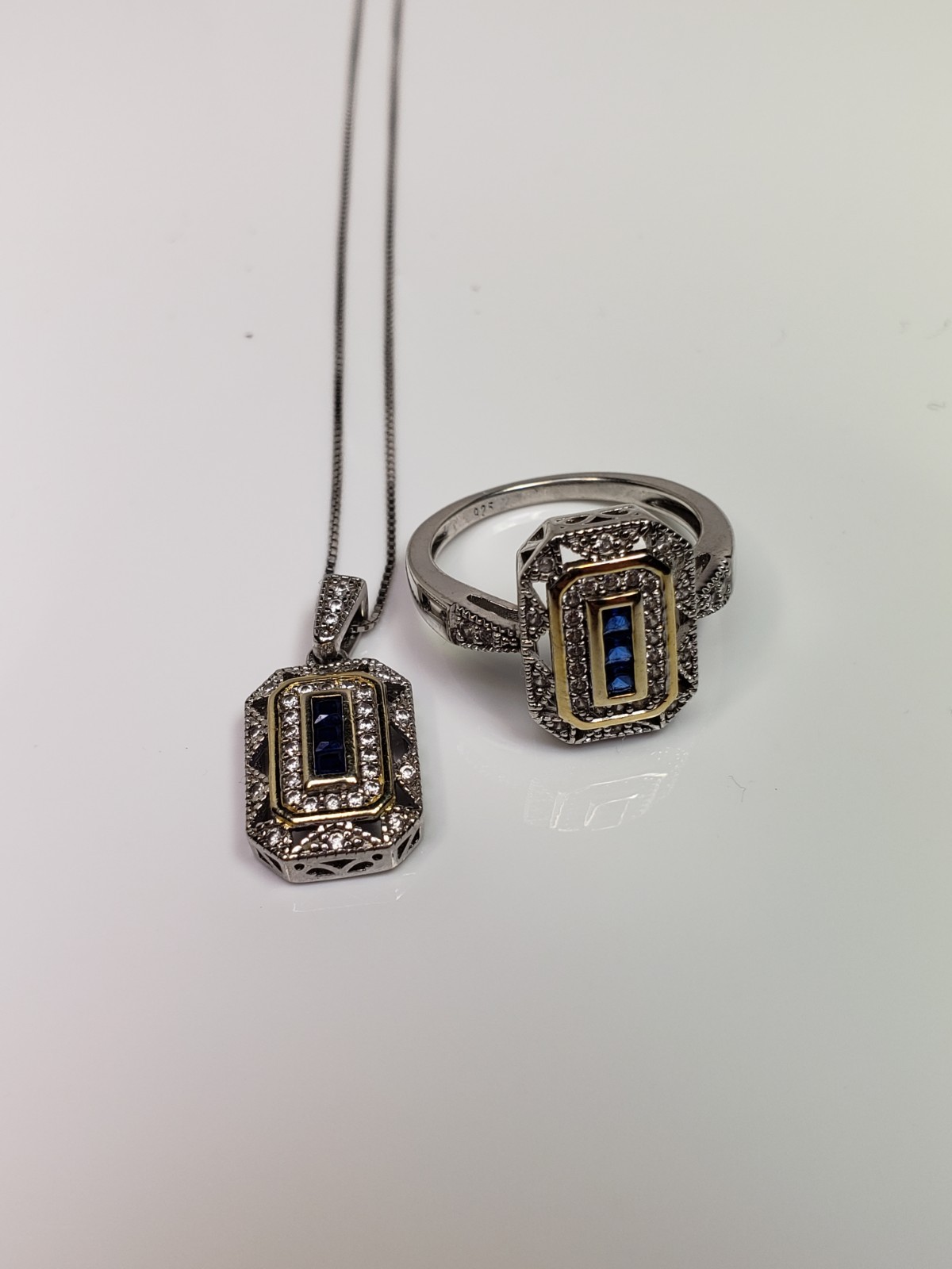 Art Deco Style Sterling 925 Blue Sapphire Lab Diamond Pendant Ring Set Size 7.75