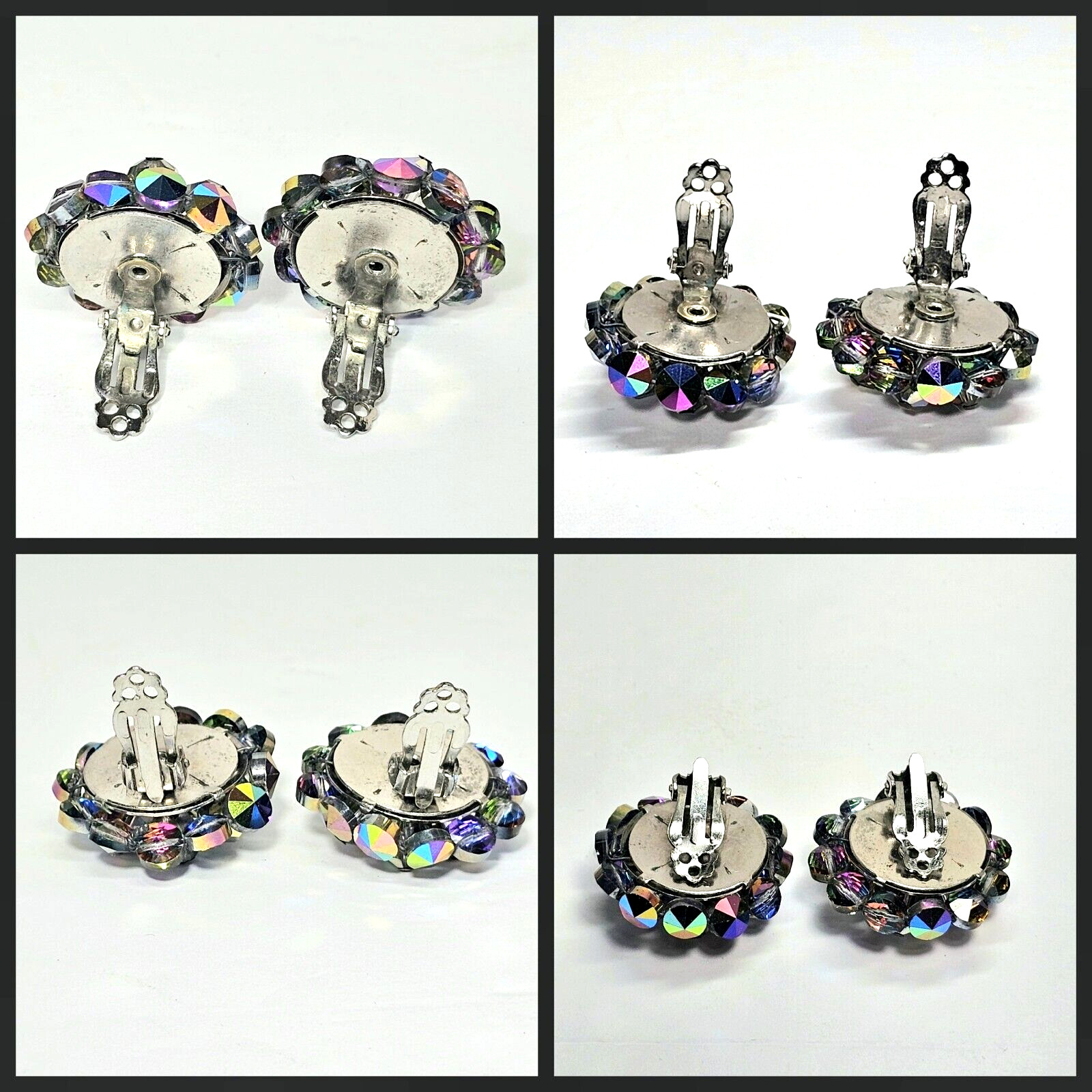 2 Pairs Vtg Aurora Borealis Iridescent Crystal Bead Cluster Clip Earrings 1 Red