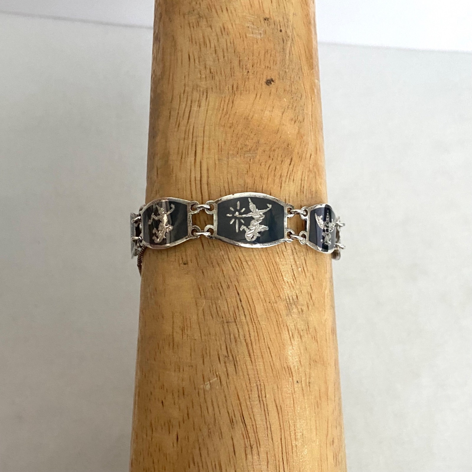 Signed SIAM Thai Sterling Silver 925 Black Niello Garuda Panel Bracelet 6.75″