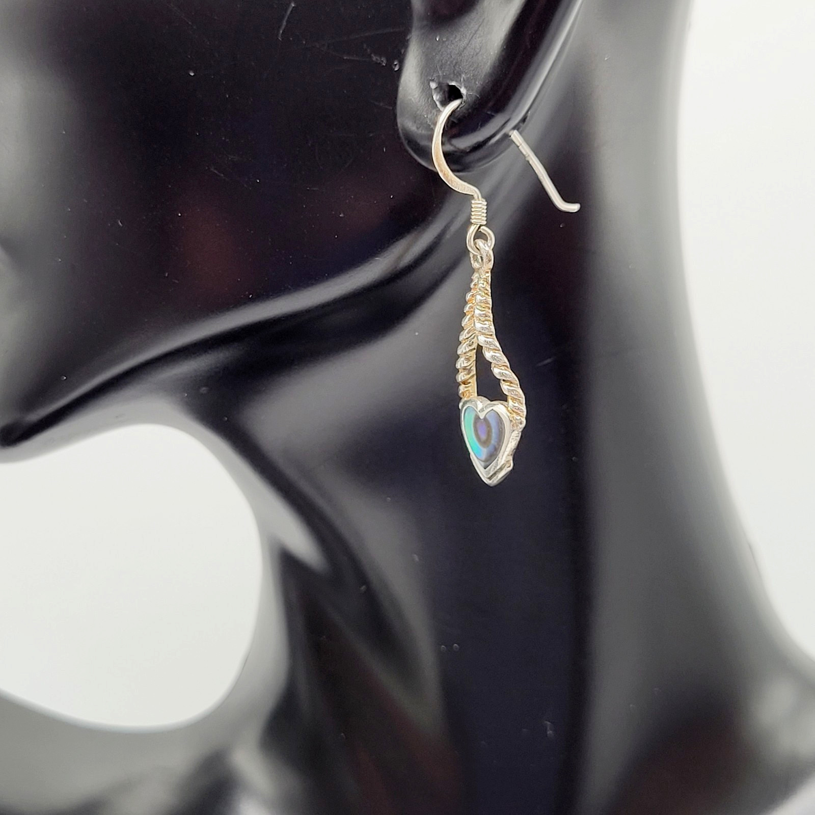 Heart Twisted Open Metal Paua Shell Inlay Sterling 925 MC Hook Pierced Earrings
