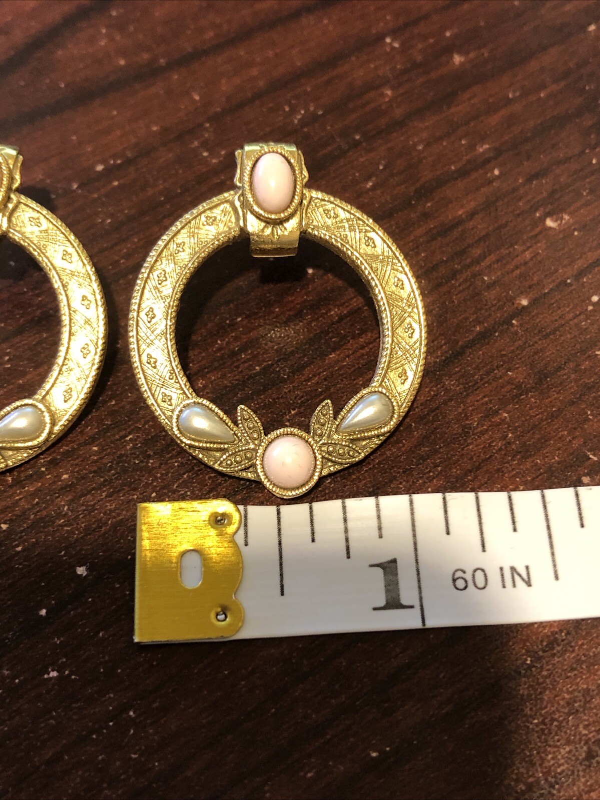 1928 Style Gold Tone Pierced Earrings Faux Pink Pearl and Gray Teardrop w/Brooch