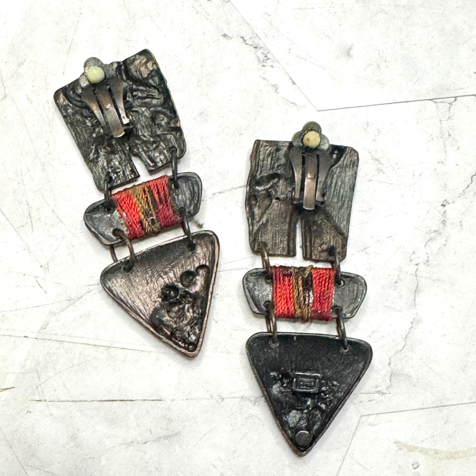 Vintage Brutalist Earrings Dangle Mixed Metal Material Rhinestone Gunmetal Tone