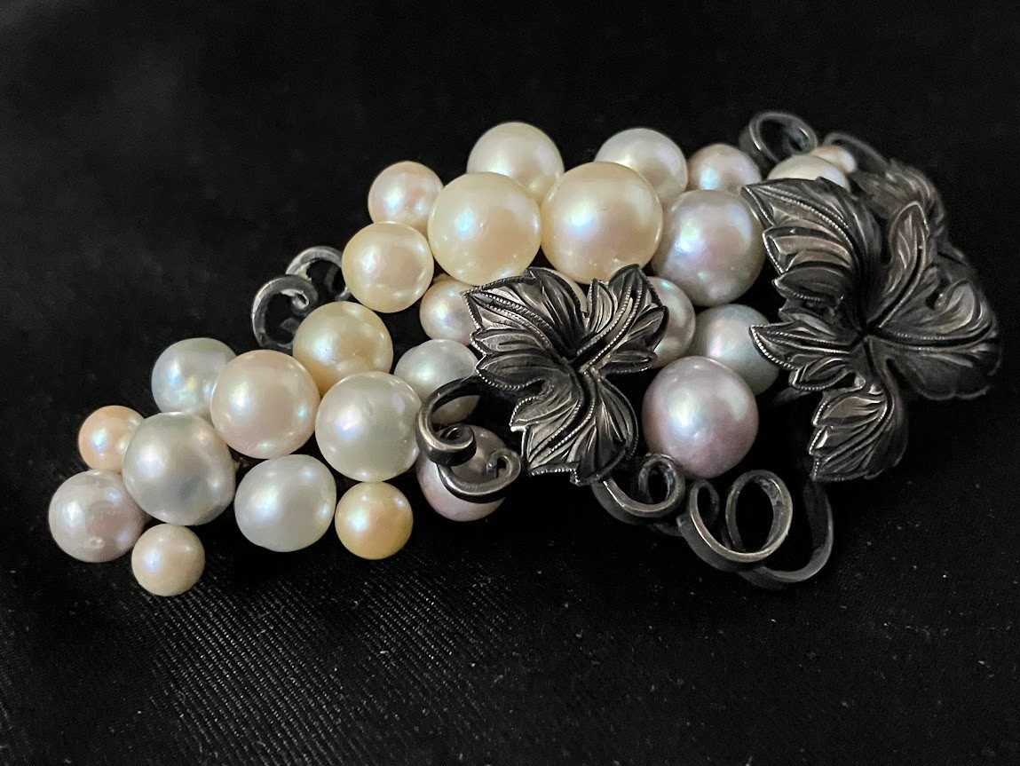 Vintage Sterling Silver Pearl Brooch 27 Multicolor Grape Vine Cluster 20g Tested